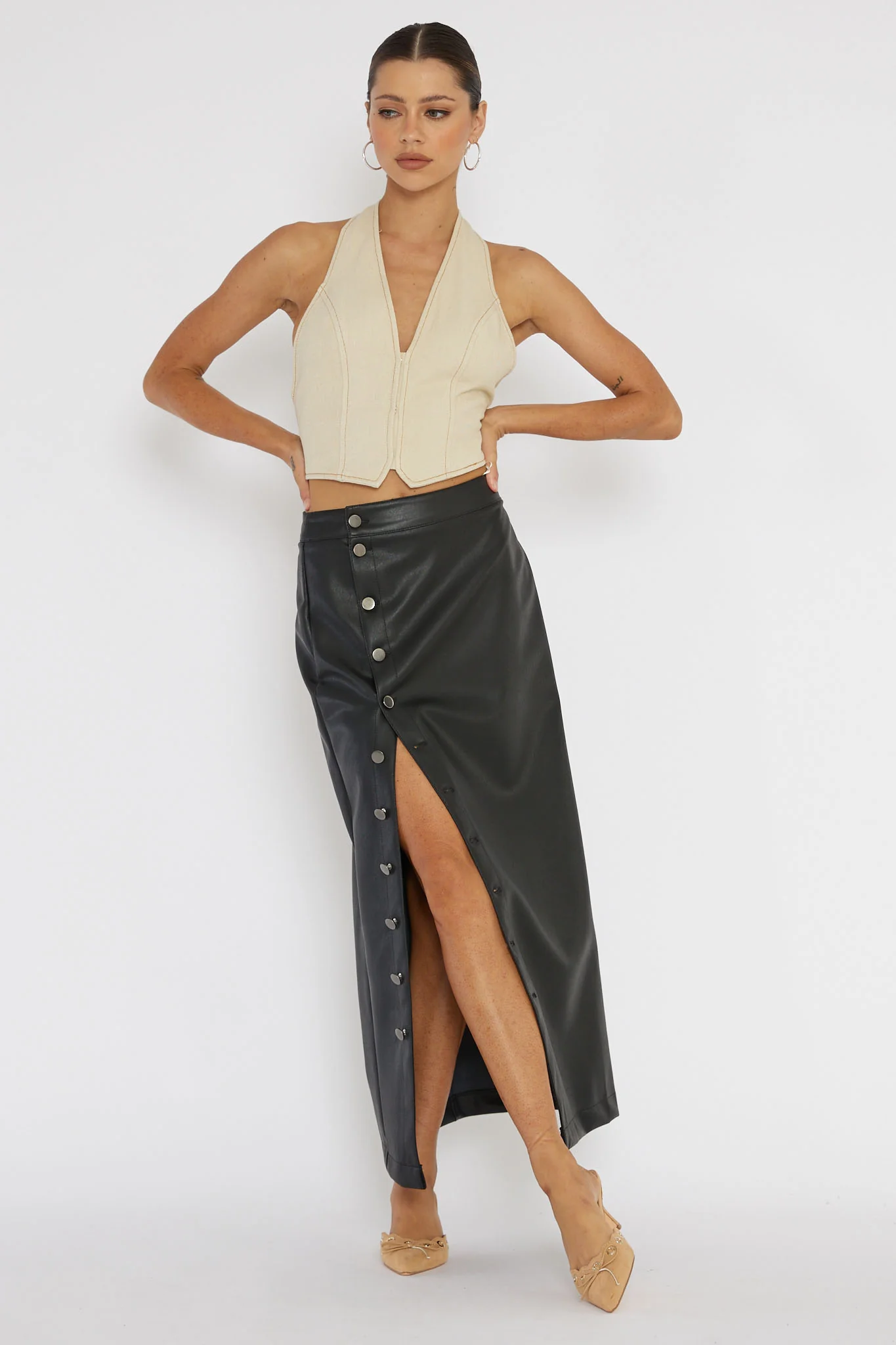 Angelica Button-Up Faux Leather Midi Skirt Black - Image 5
