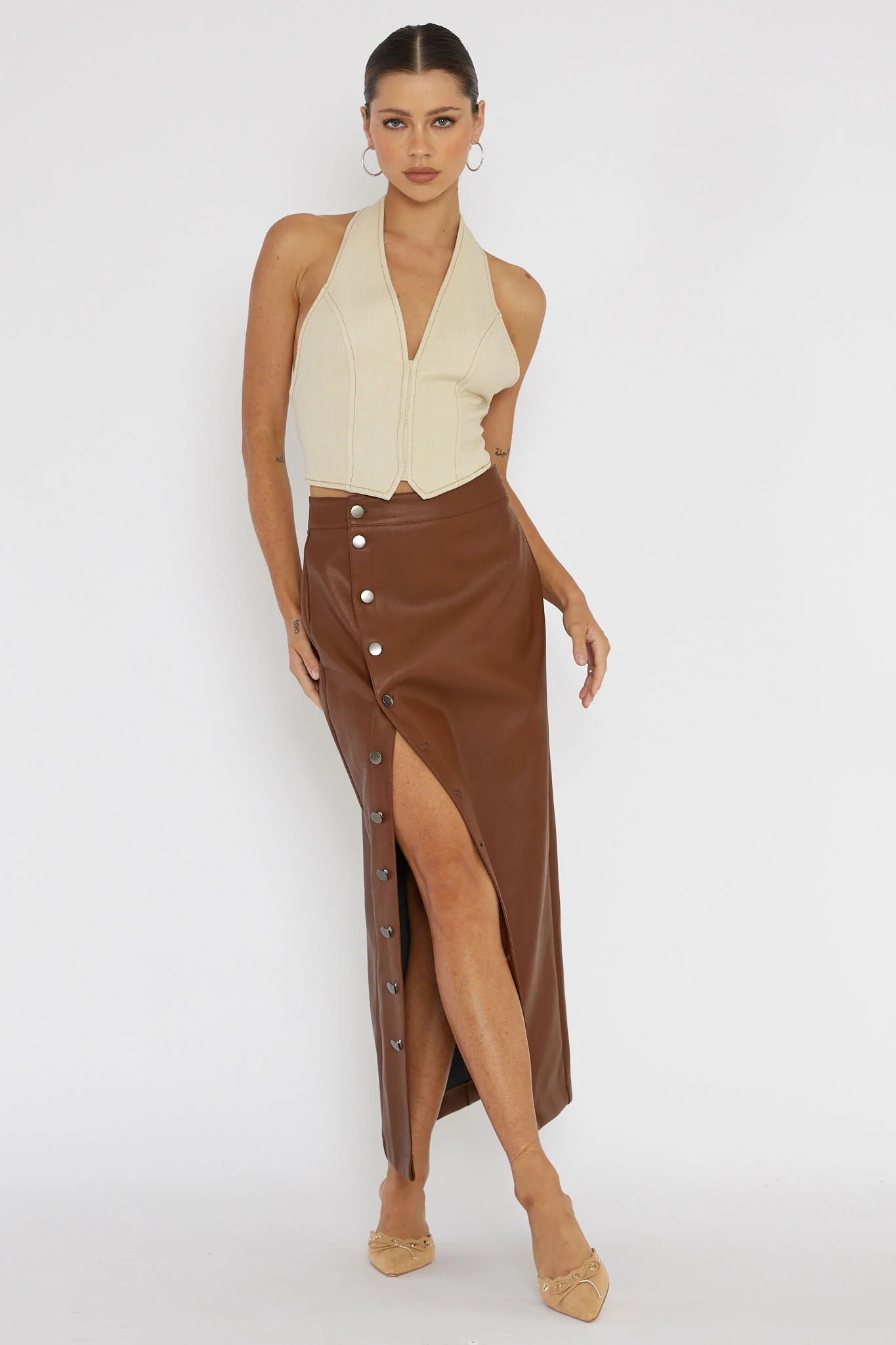 Angelica Button-Up Faux Leather Midi Skirt Brown - Image 2