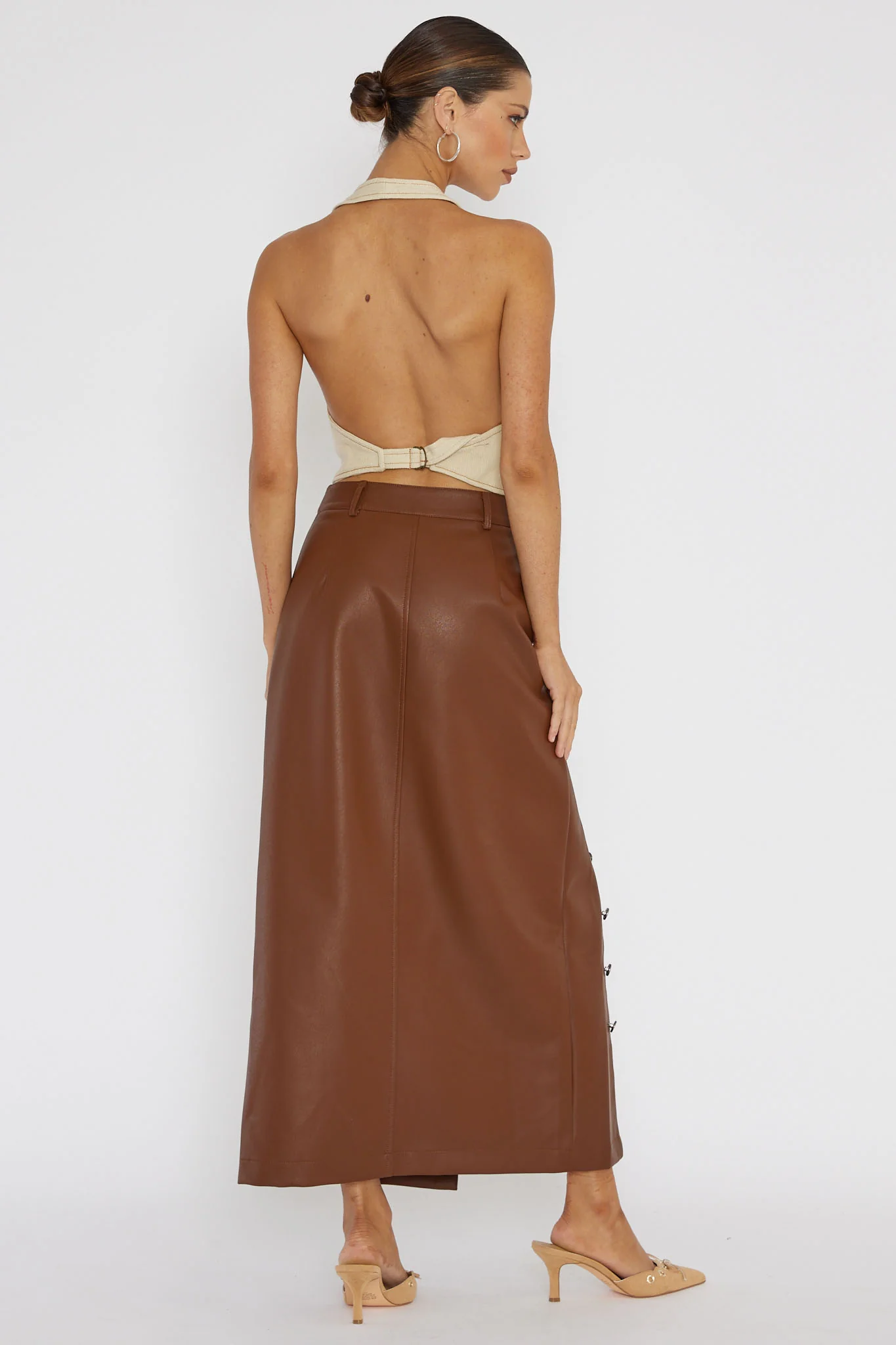 Angelica Button-Up Faux Leather Midi Skirt Brown - Image 3