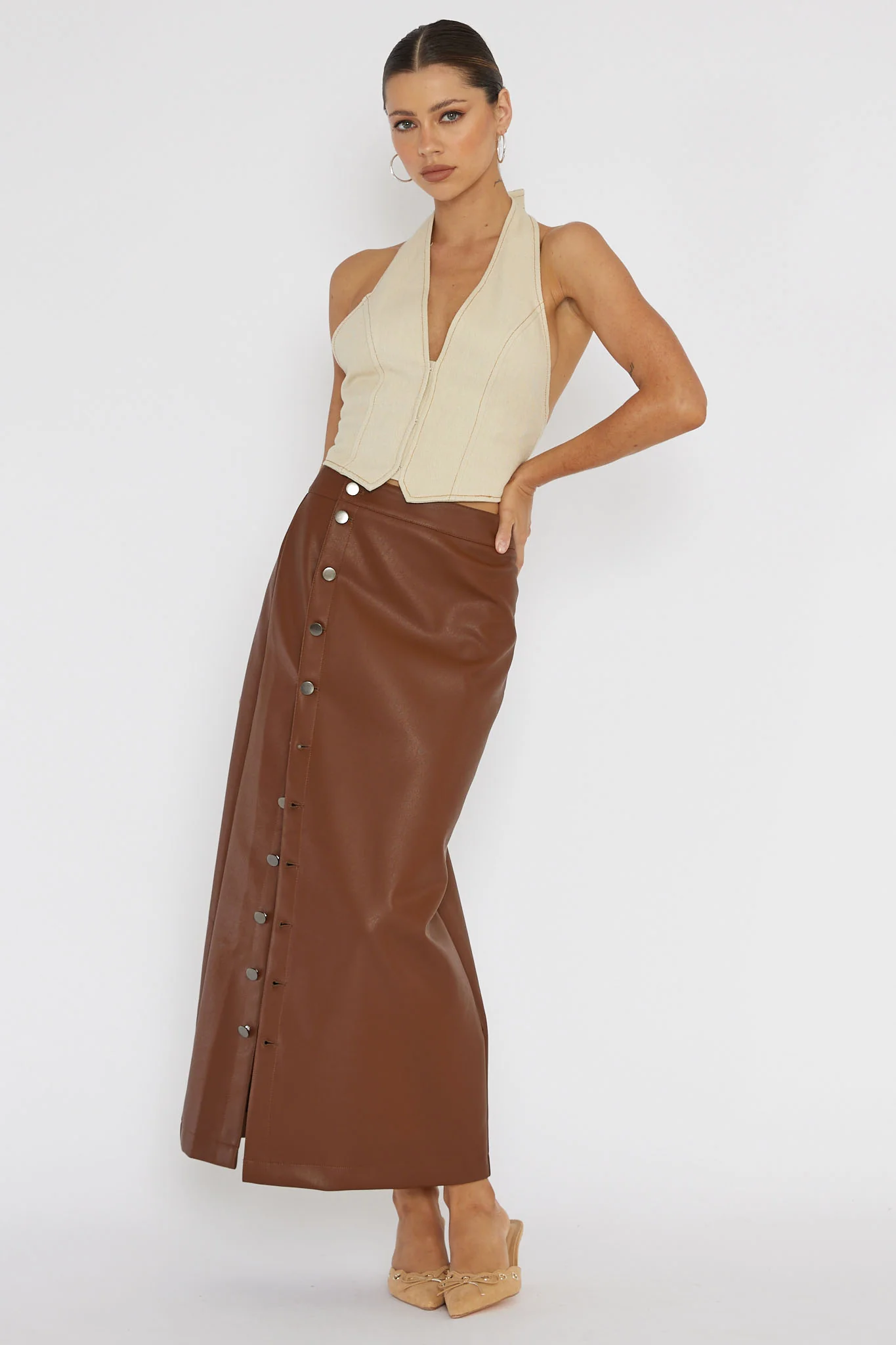 Angelica Button-Up Faux Leather Midi Skirt Brown - Image 4