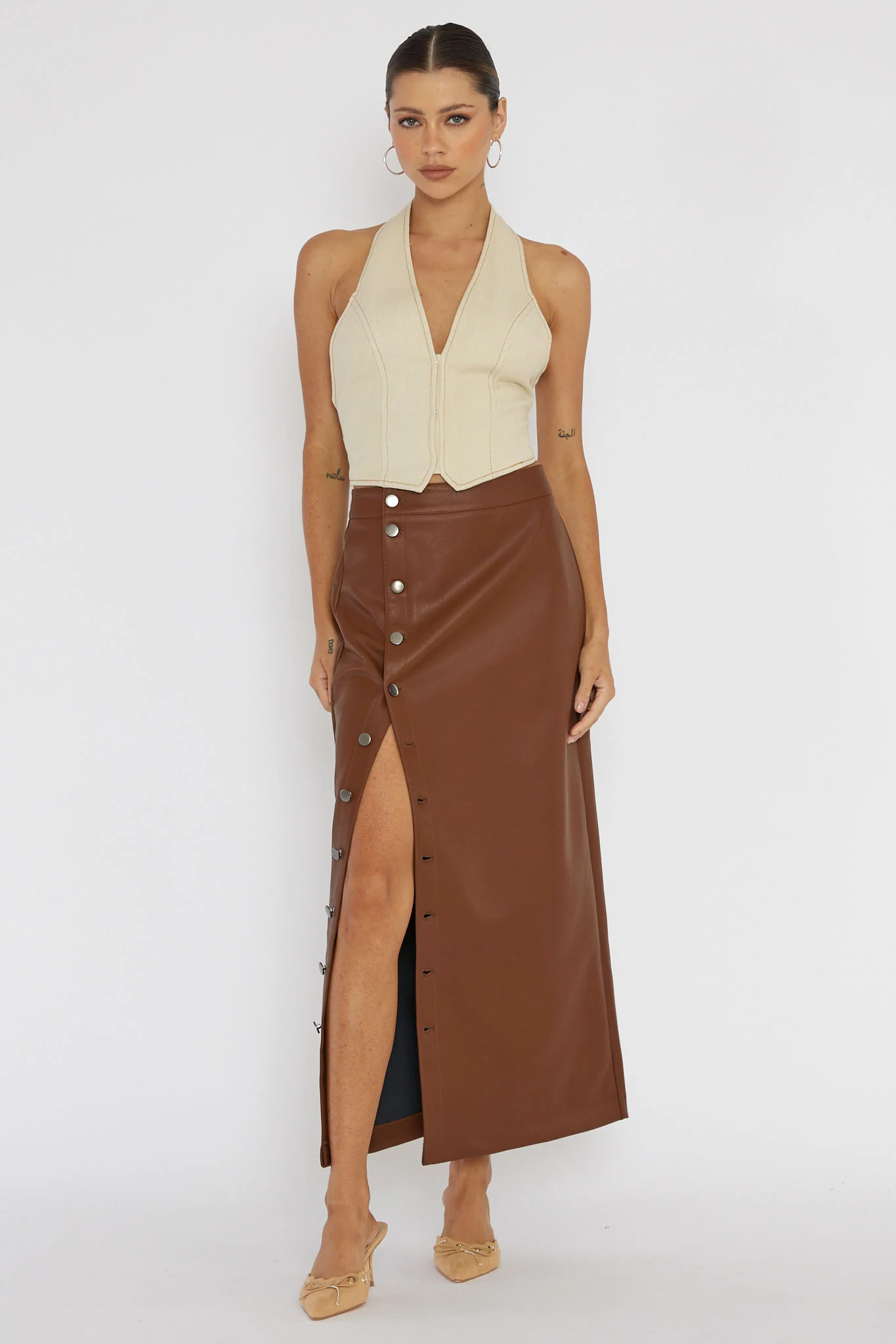 Angelica Button-Up Faux Leather Midi Skirt Brown - Image 5
