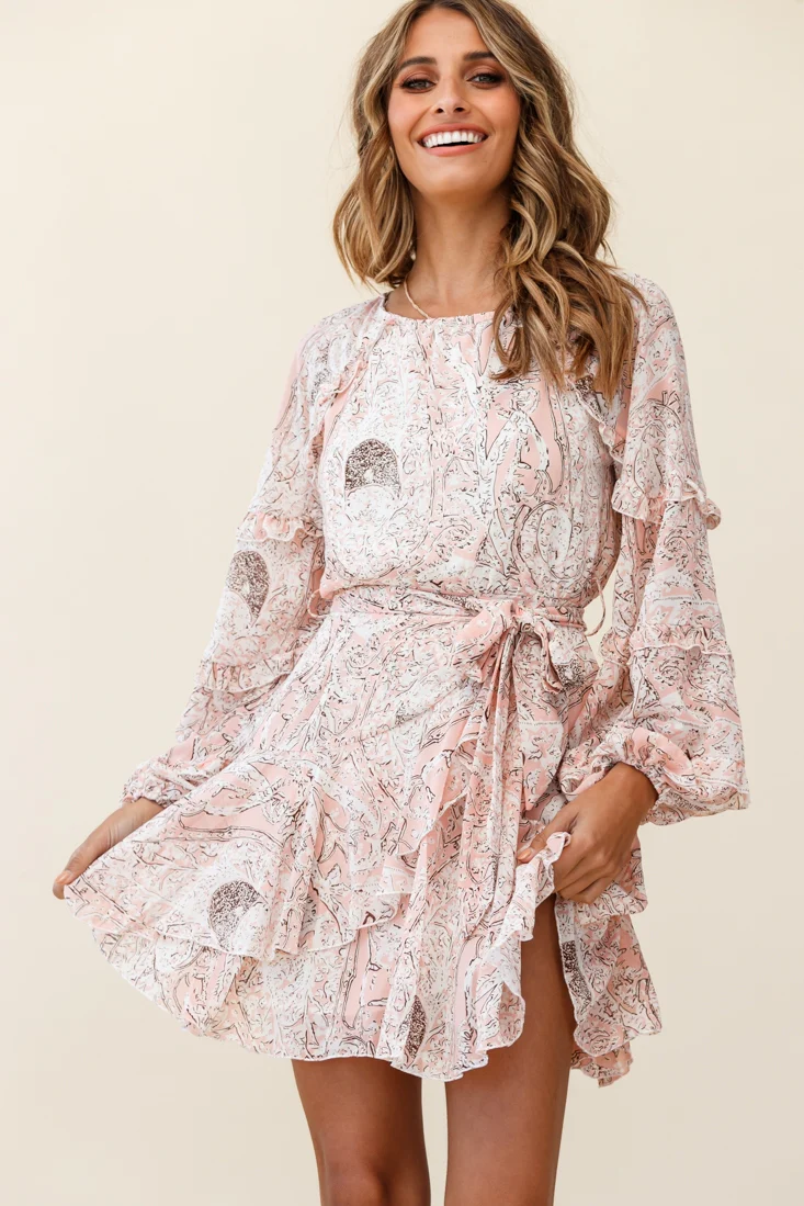 Angelini Long Sleeve Waist Tie Dress Floral Print Pink - Image 2