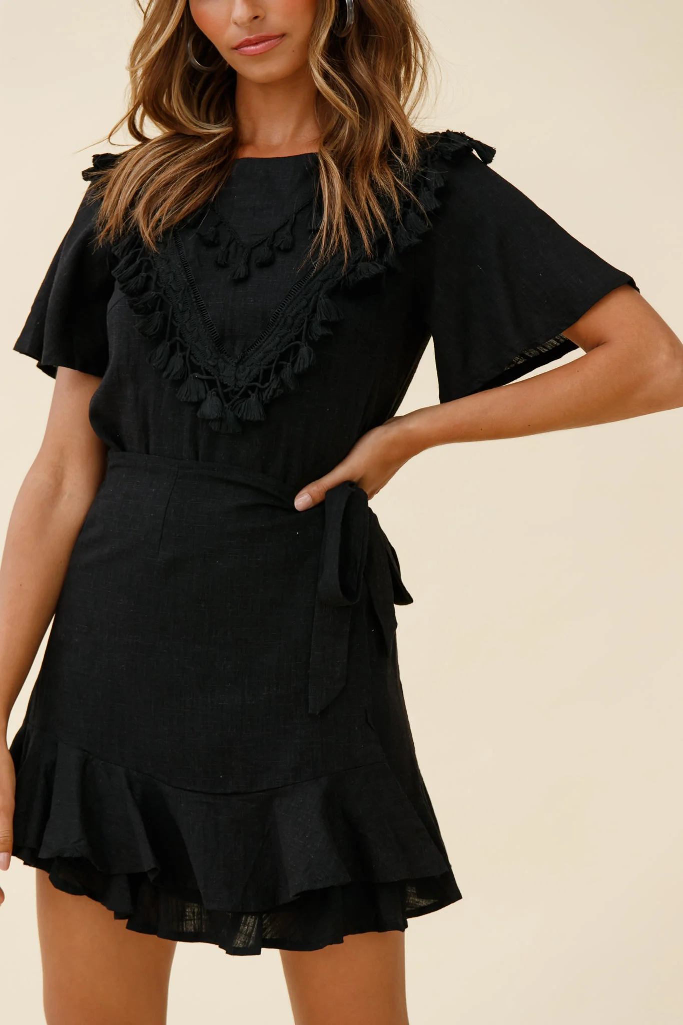 Angelique Tassel Bust Wrap Bottom Dress Black - Image 4