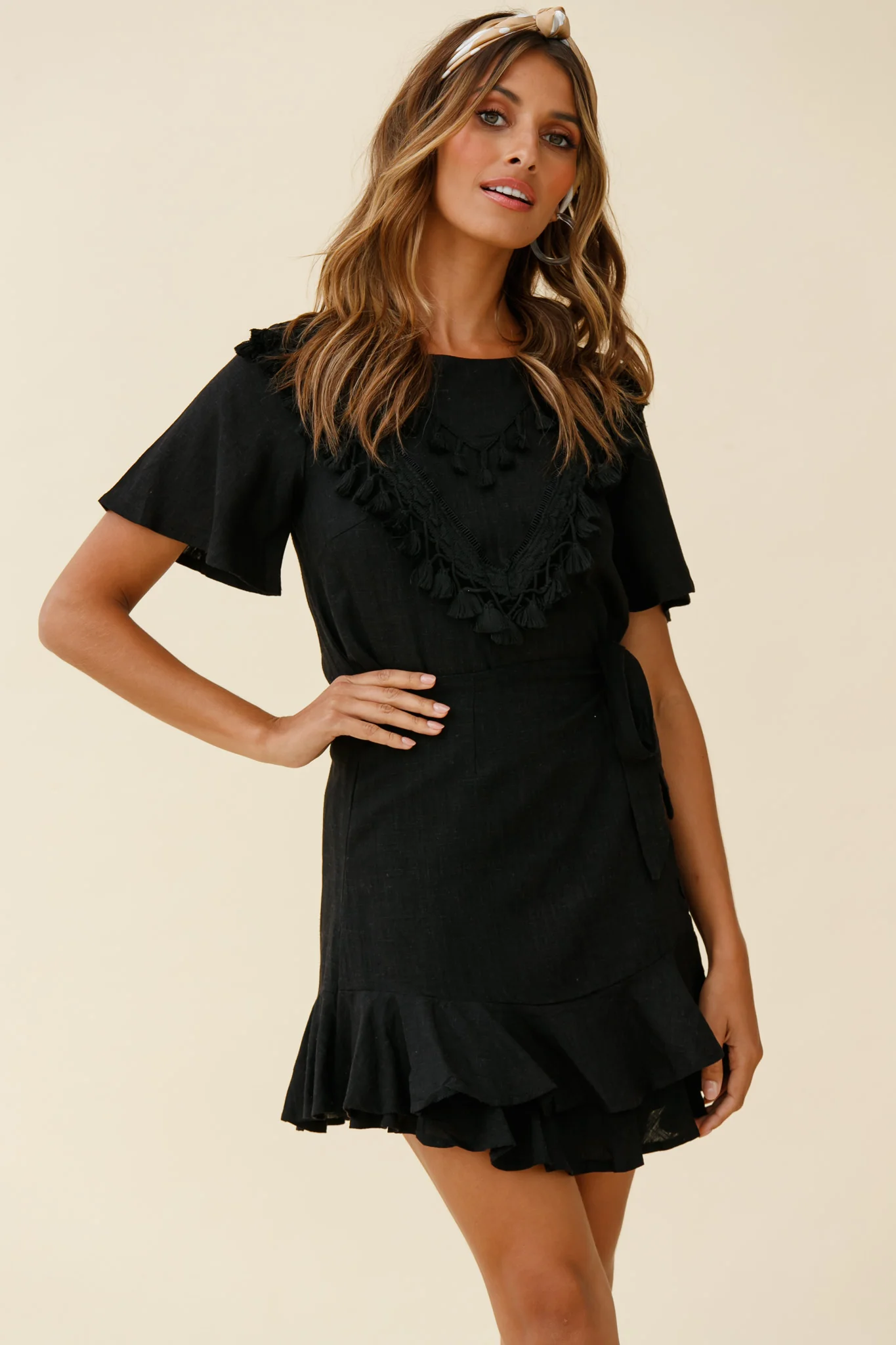 Angelique Tassel Bust Wrap Bottom Dress Black - Image 6