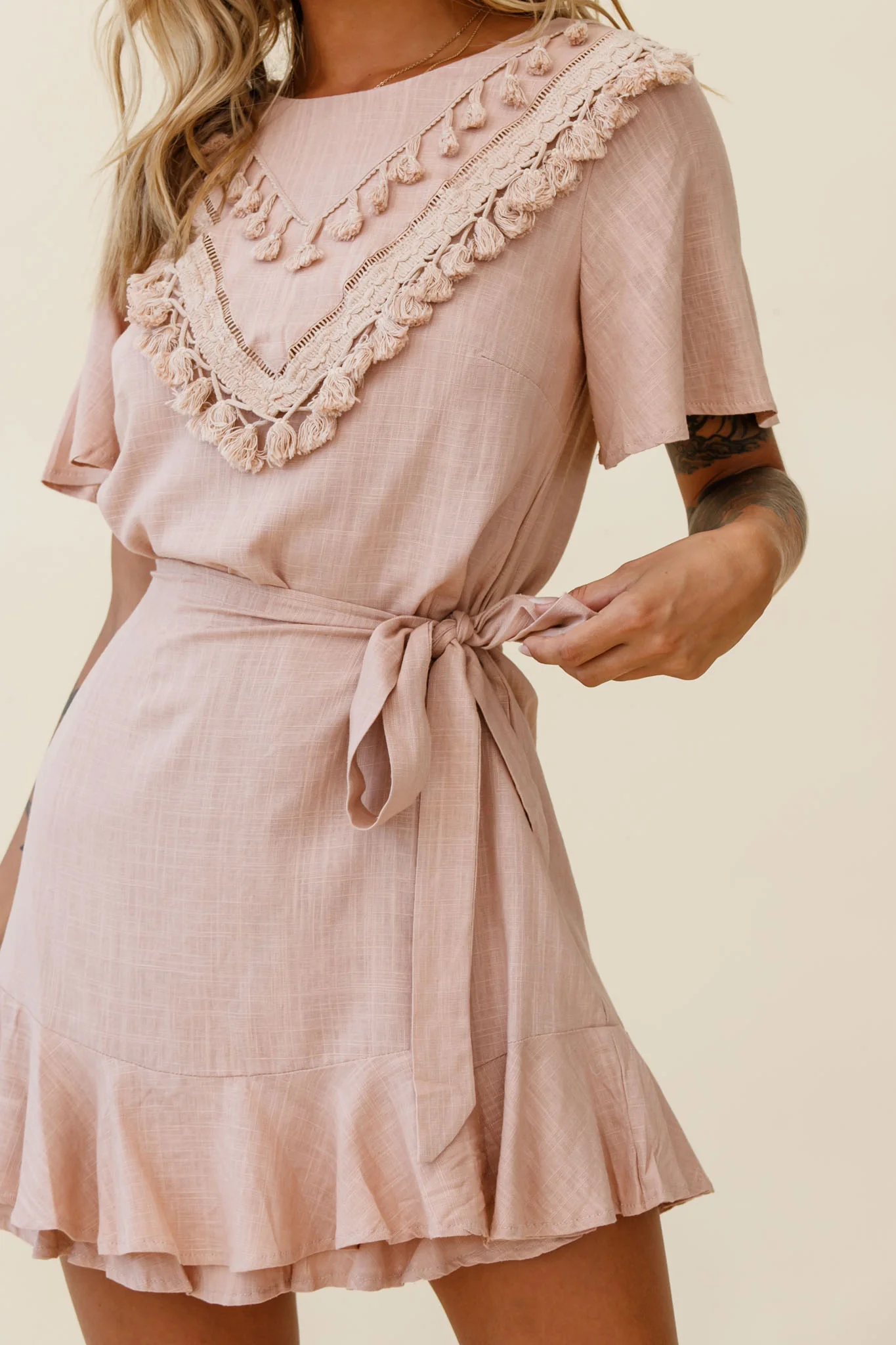 Angelique Tassel Bust Wrap Bottom Dress Mocha - Image 4