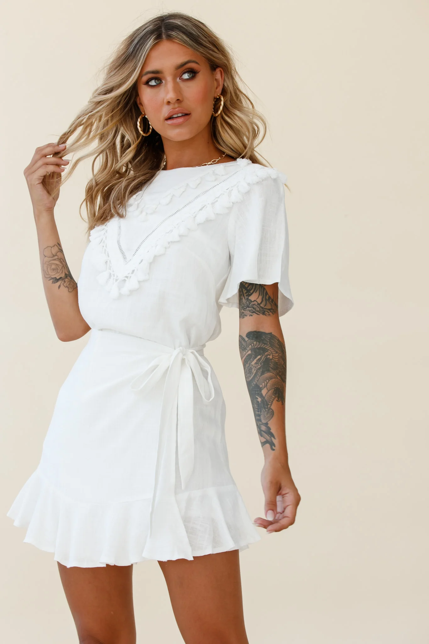 Angelique Tassel Bust Wrap Bottom Dress White - Image 5