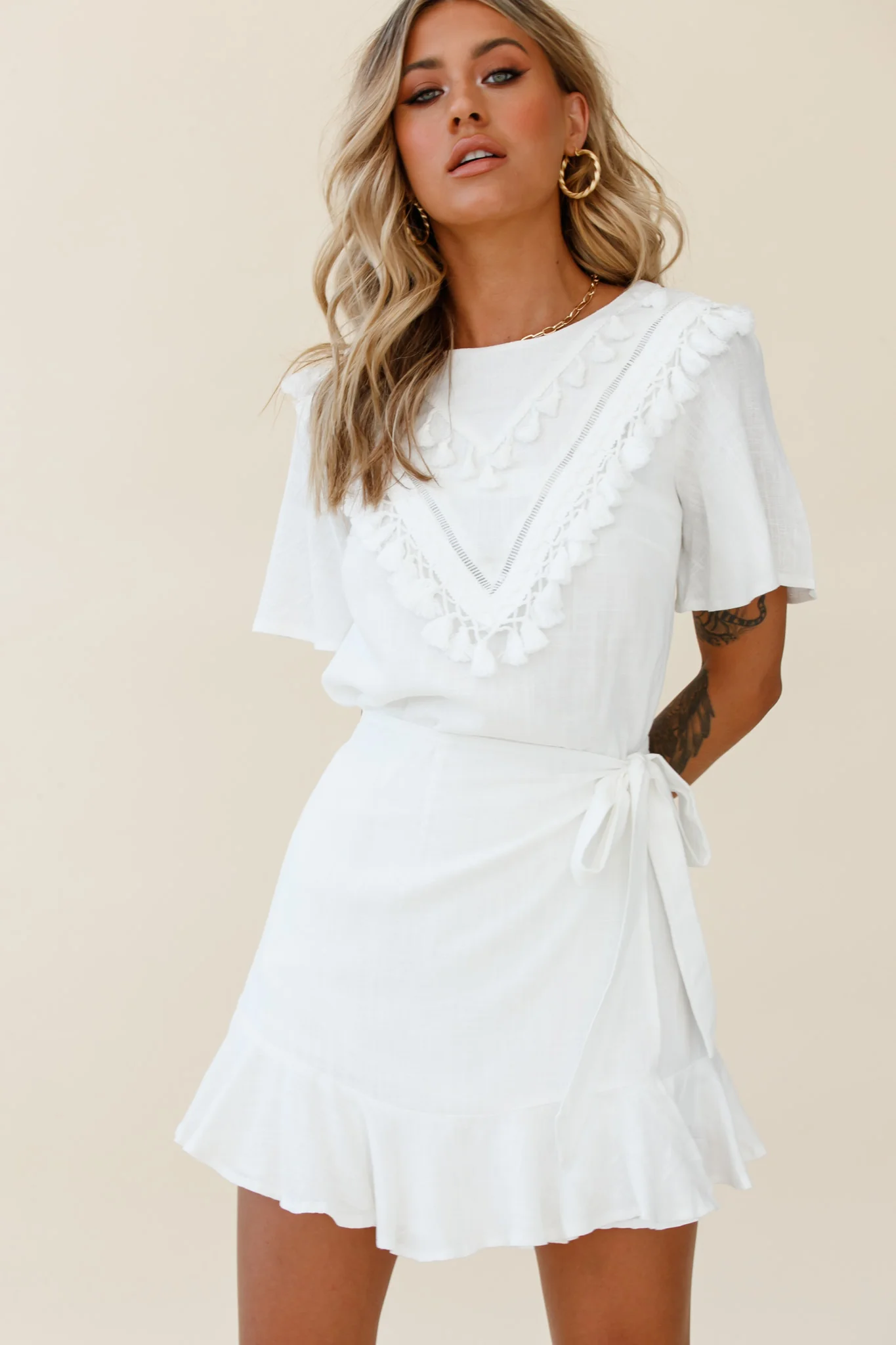 Angelique Tassel Bust Wrap Bottom Dress White - Image 7