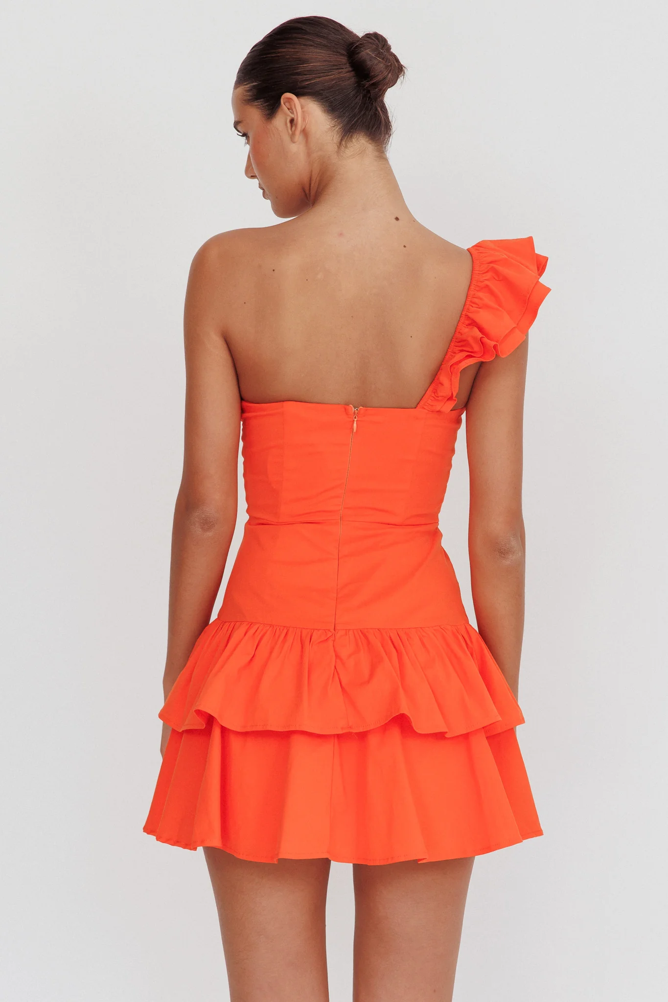 Tea Time One Shoulder Ruffle Mini Dress Tangerine - Image 2