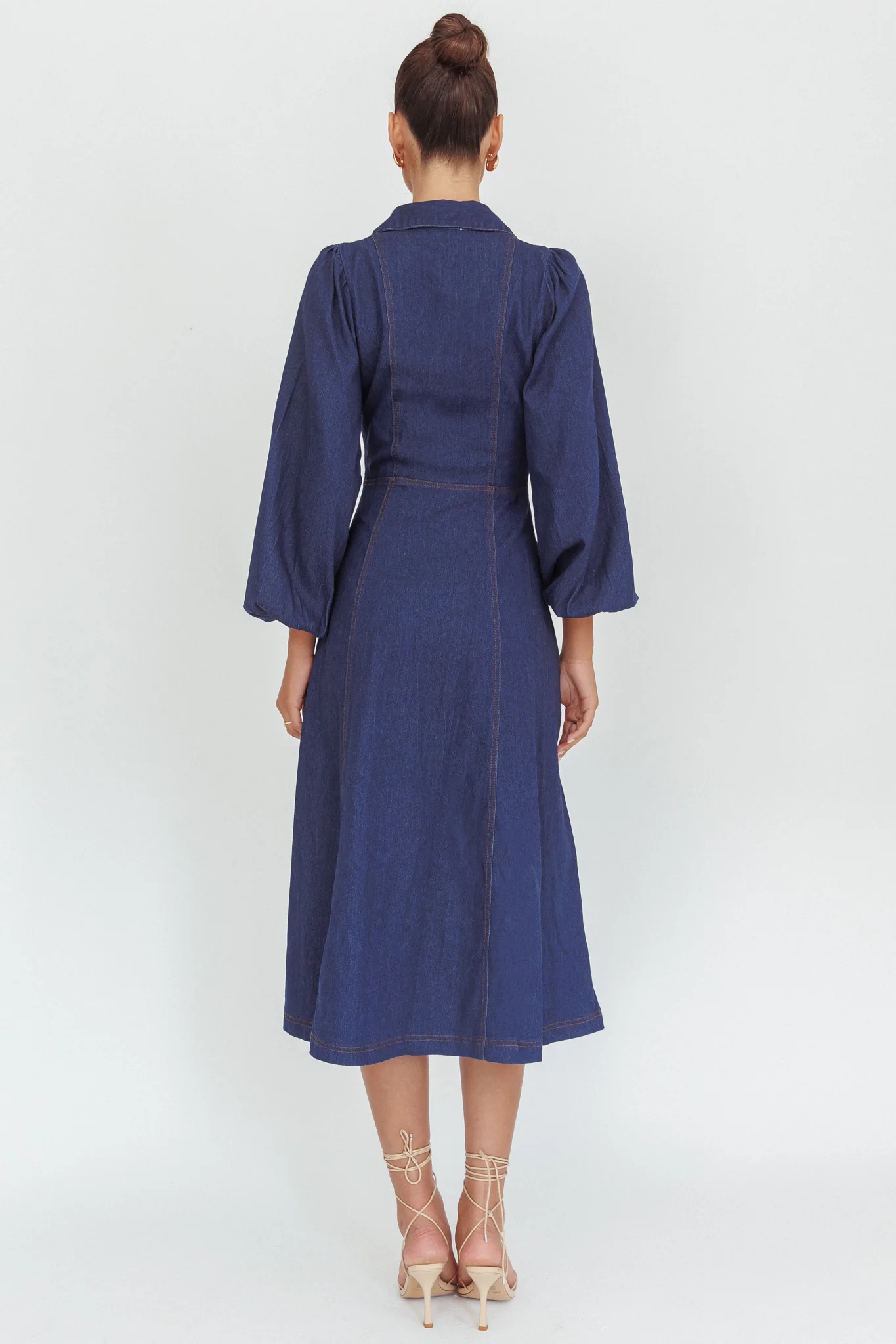 Ania Long Balloon Style Midi Dress Dark Denim - Image 2