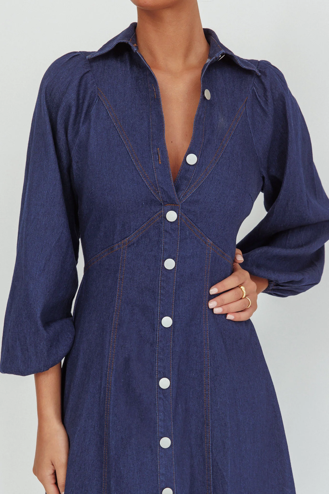 Ania Long Balloon Style Midi Dress Dark Denim - Image 3