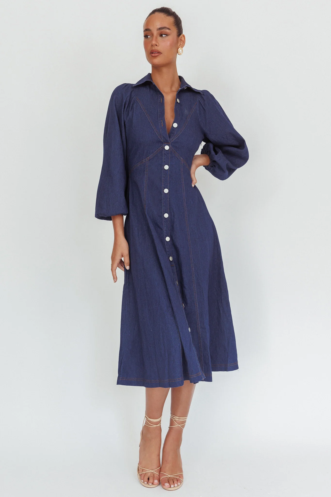 Ania Long Balloon Style Midi Dress Dark Denim - Image 4