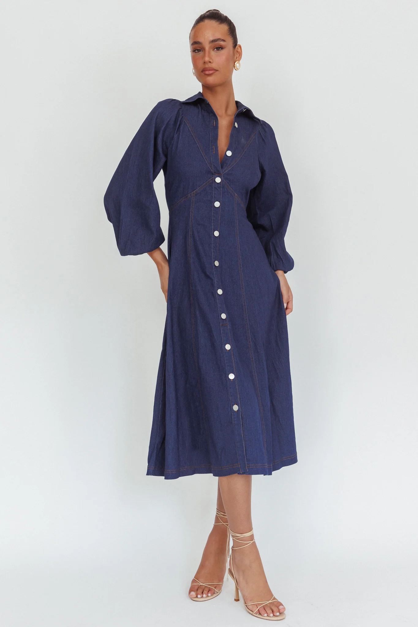 Ania Long Balloon Style Midi Dress Dark Denim - Image 5