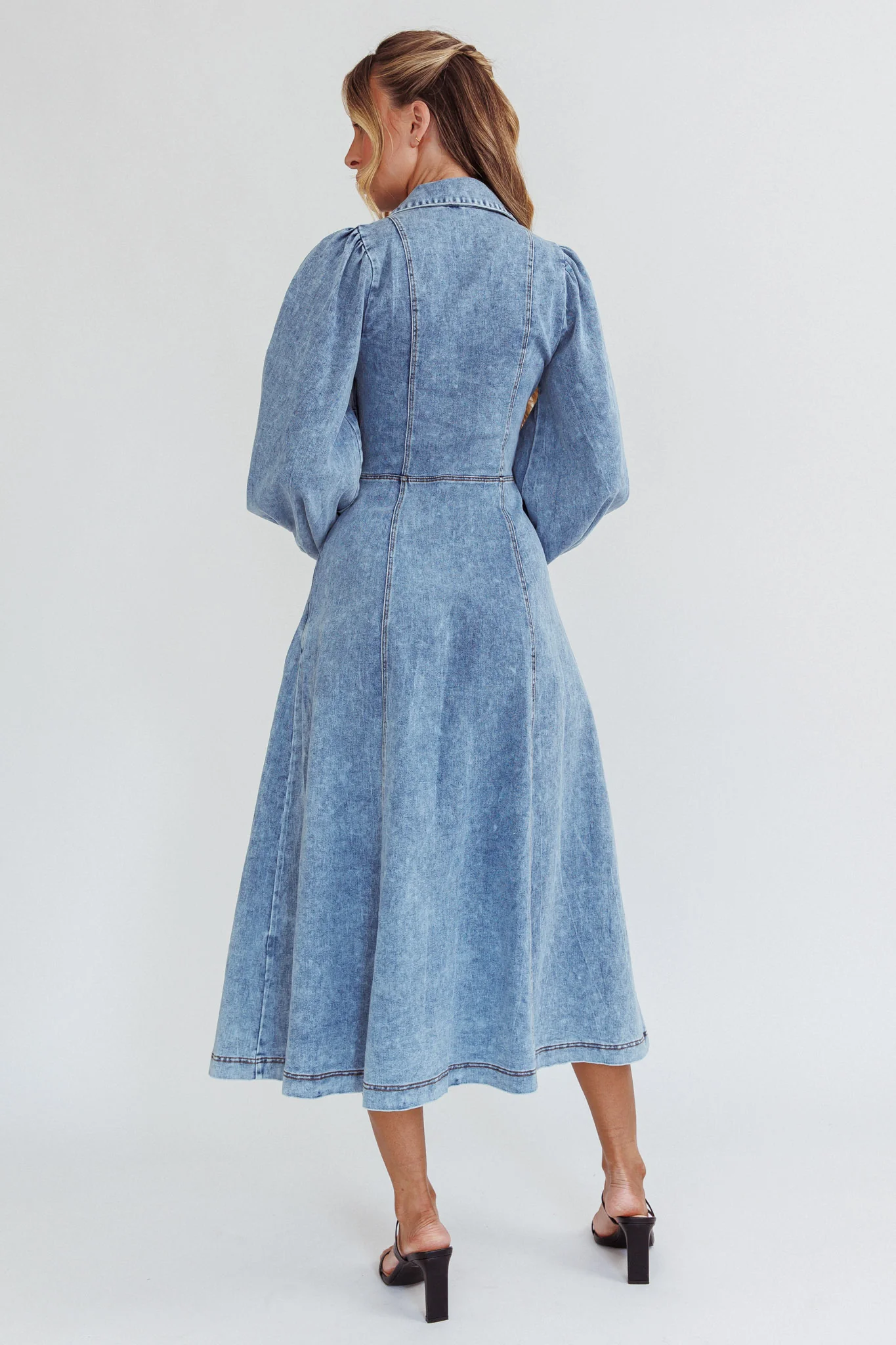 Ania Long Balloon Style Midi Dress Denim Blue - Image 2