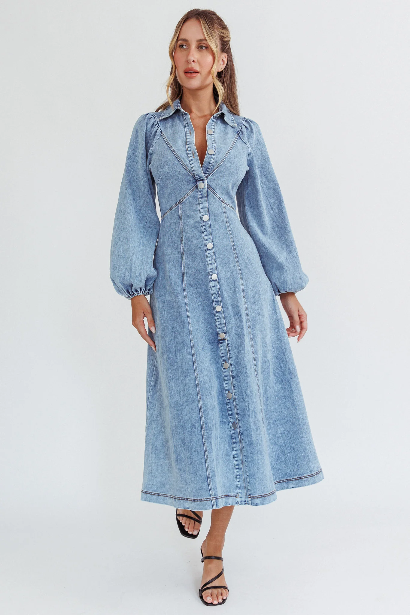 Ania Long Balloon Style Midi Dress Denim Blue - Image 3