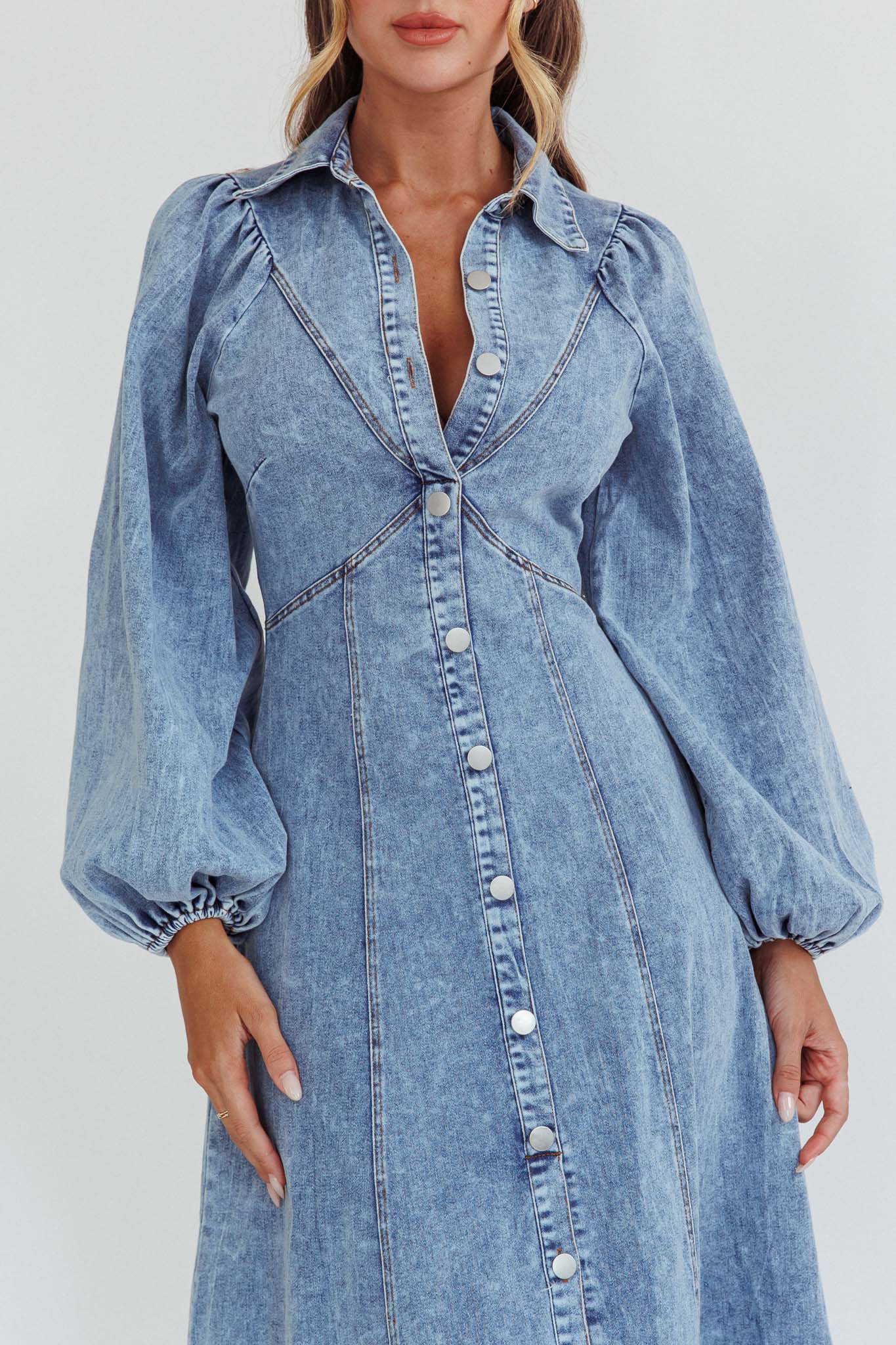 Ania Long Balloon Style Midi Dress Denim Blue - Image 4