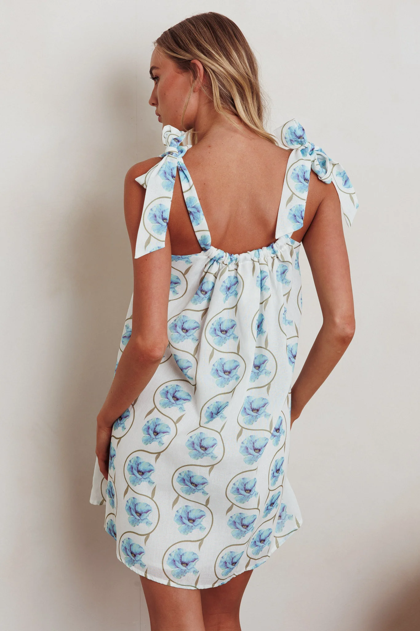 Annalee Tied Shoulder Mini Dress Floral Blue - Image 3