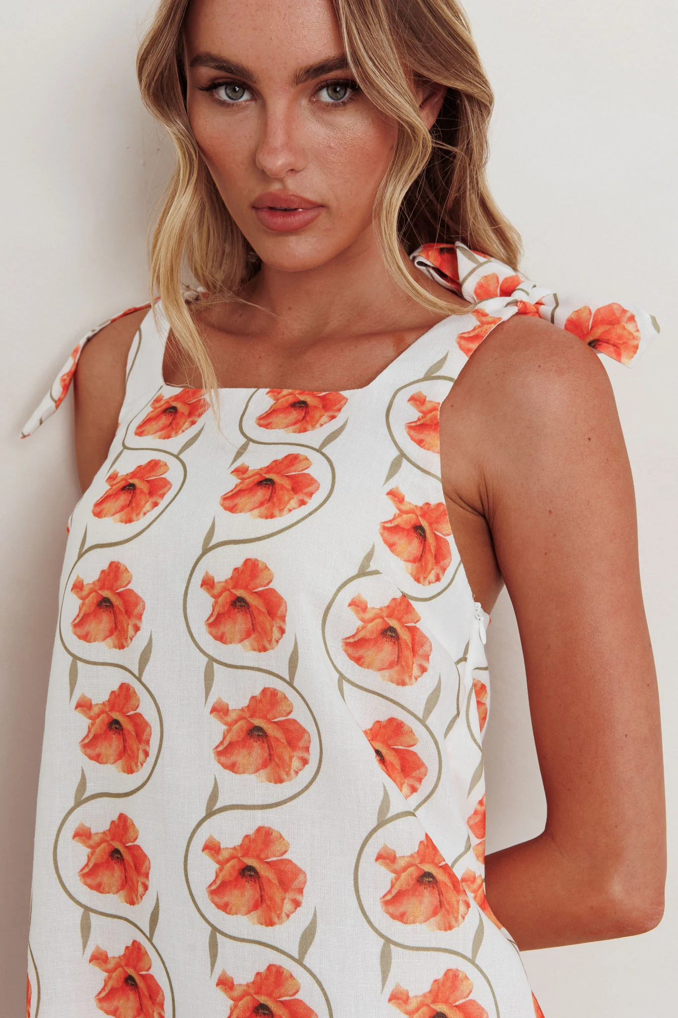 Annalee Tied Shoulder Mini Dress Floral Orange - Image 3