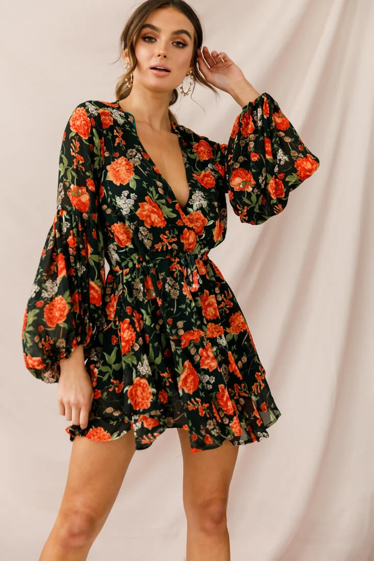 Annalise Long Sleeve Drawstring Dress Green/Orange - Image 2