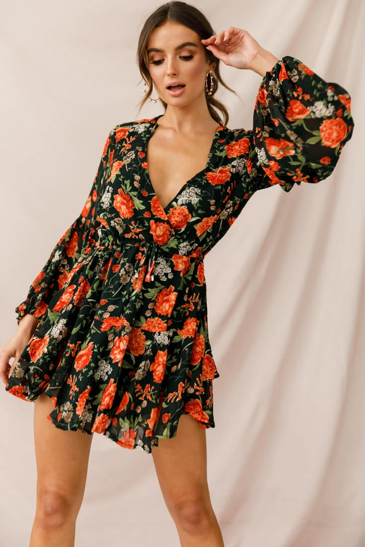 Annalise Long Sleeve Drawstring Dress Green/Orange - Image 6