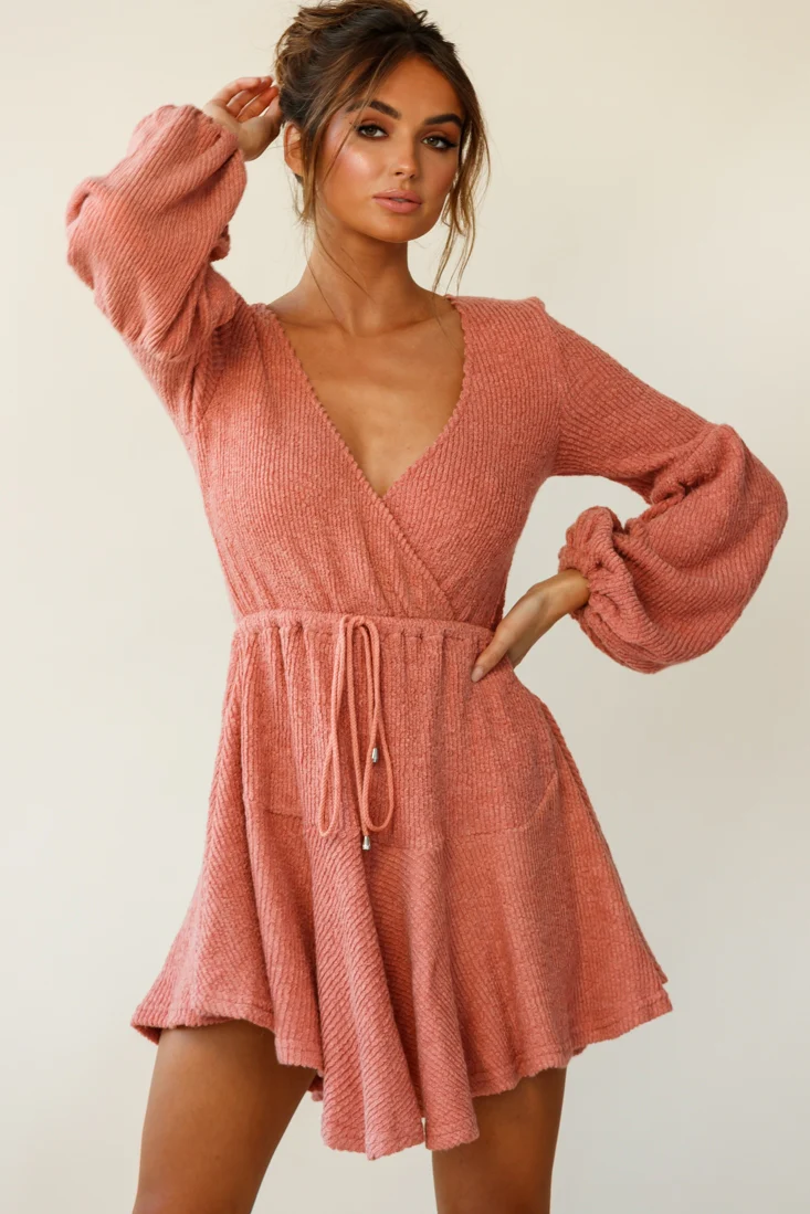 Annalise Long Sleeve Drawstring Knit Dress Rose - Image 3