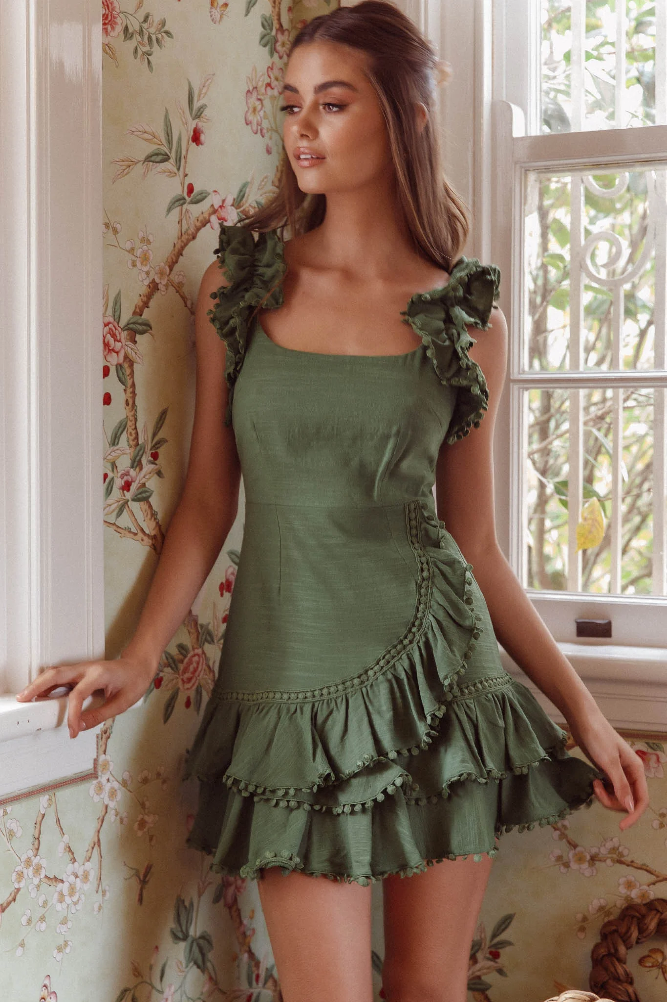 Annie Ruffle Shoulder Strap Layered Hem Mini Dress Green - Image 5