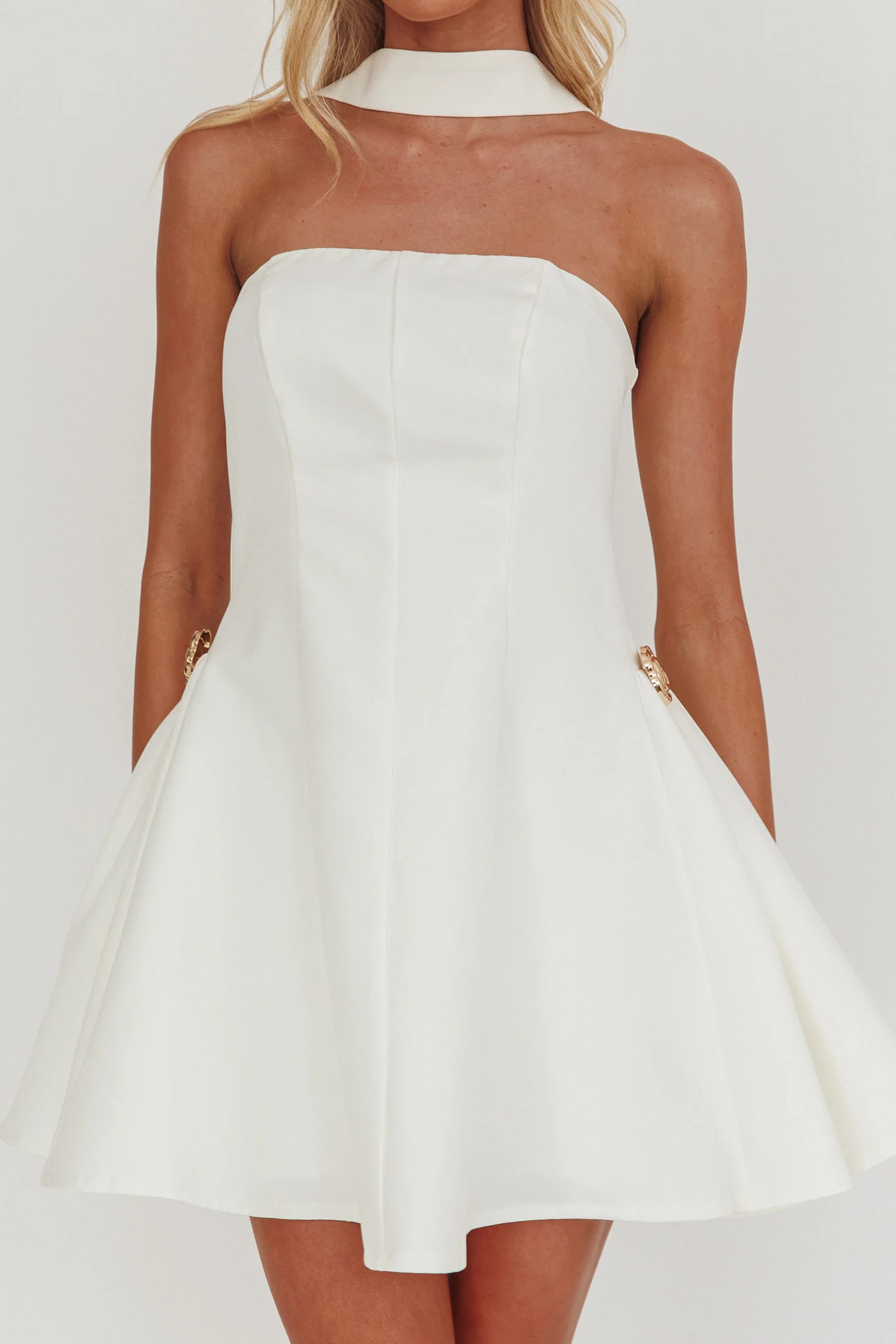 Annora Strapless Gold Button Mini Dress White - Image 3