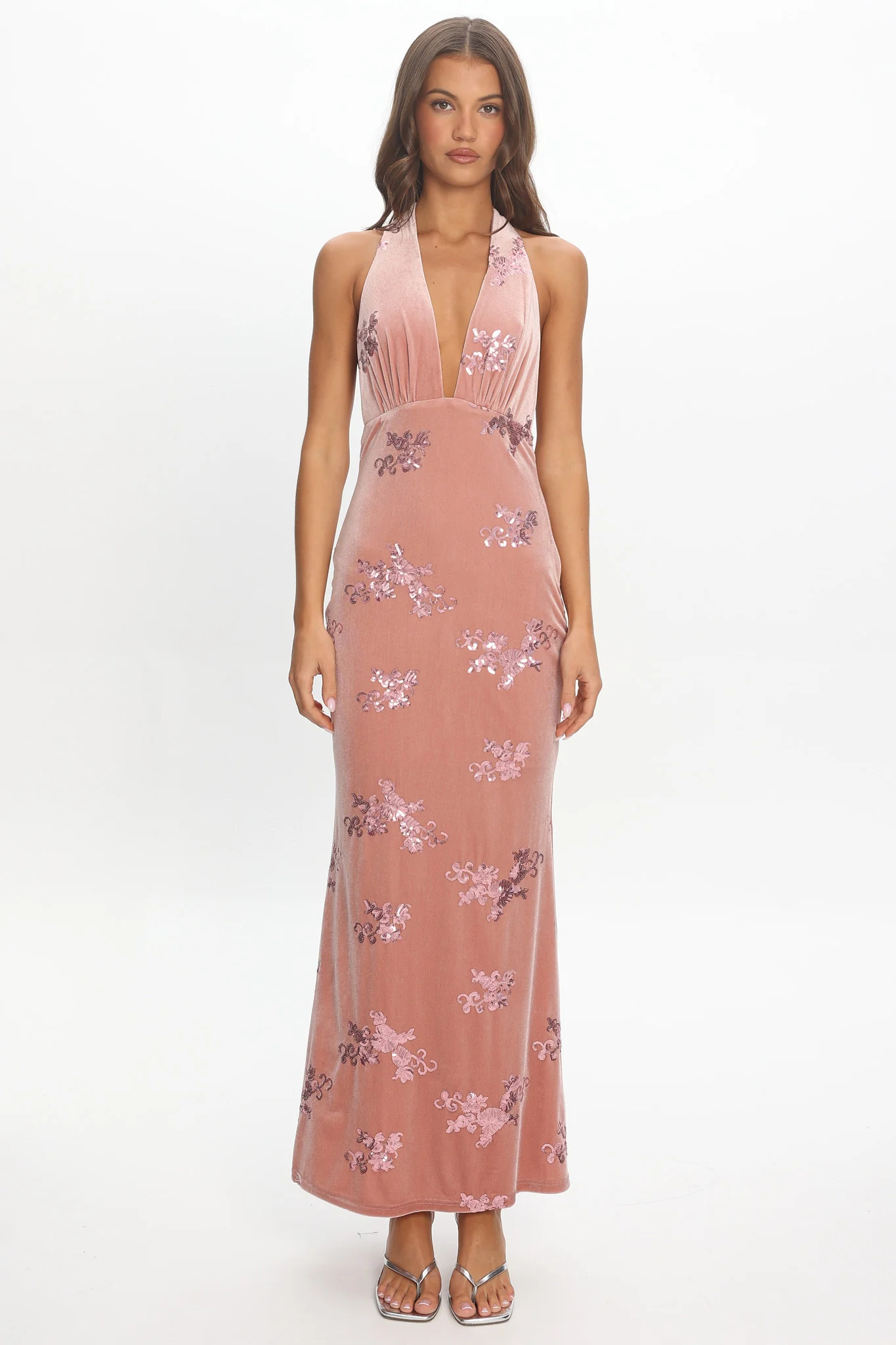 Annorah Halterneck Velvet Maxi Dress Sequin Blush - Image 5