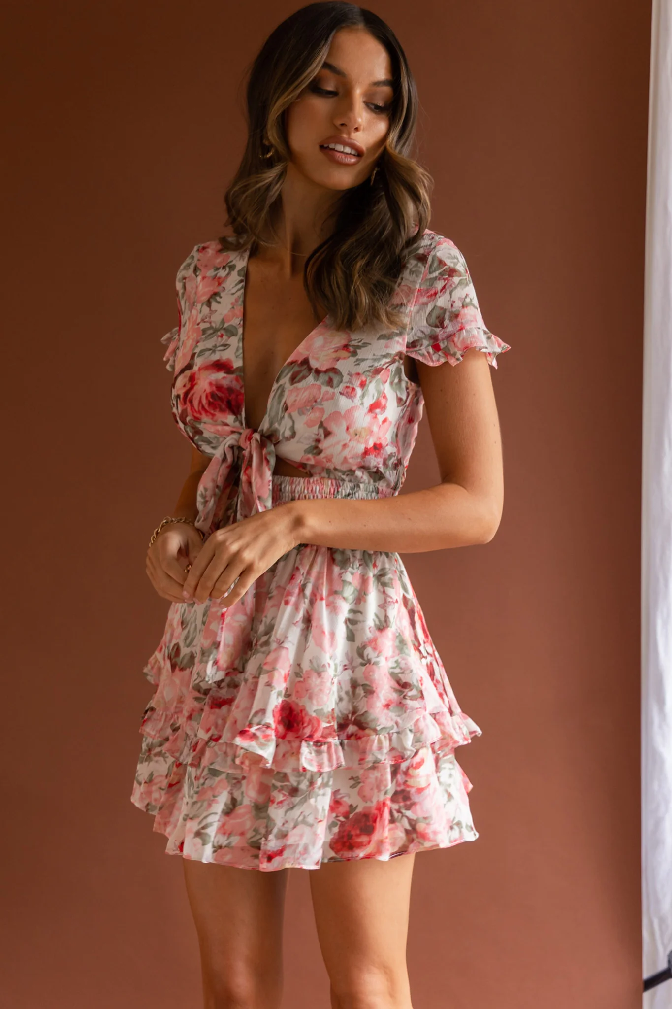 Anthea Bow-Tie Front Layered Frill Dress Floral Print Pink - Image 8
