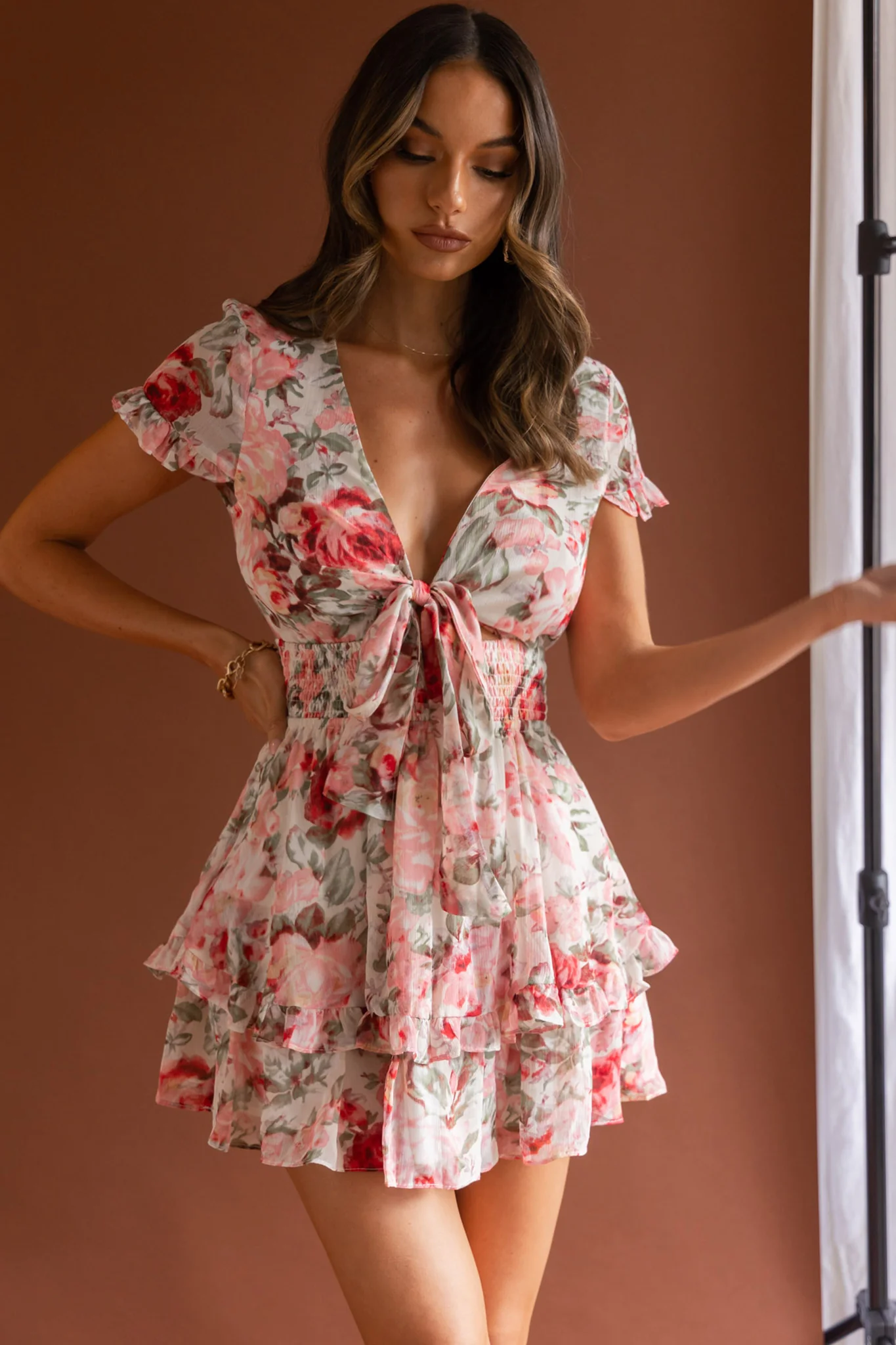 Anthea Bow-Tie Front Layered Frill Dress Floral Print Pink - Image 9