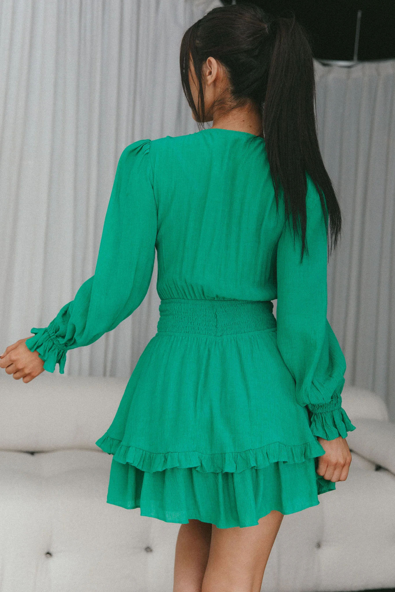 Anthea Bow-Tie Front Layered Frill Dress Green - Image 2