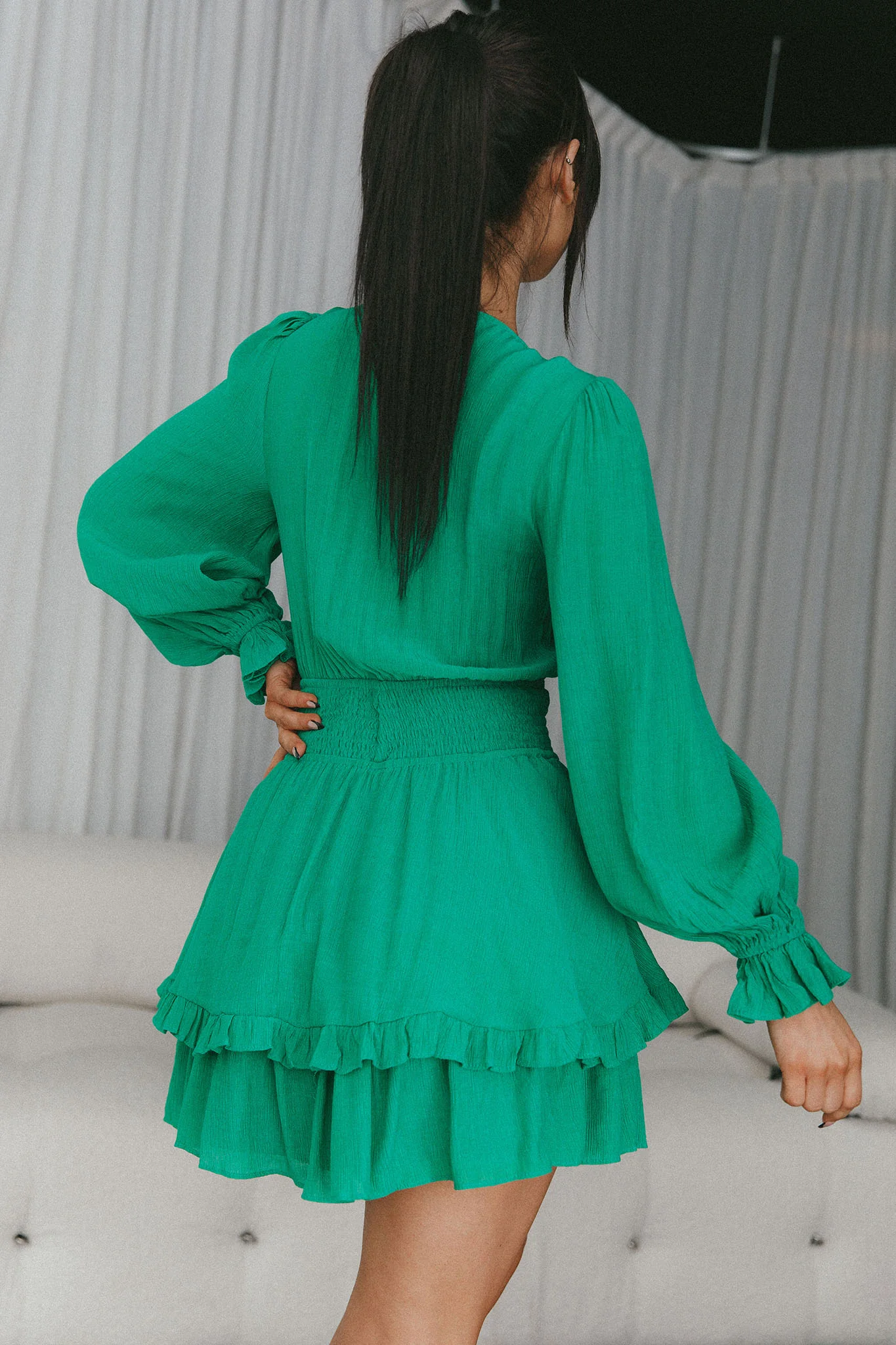 Anthea Bow-Tie Front Layered Frill Dress Green - Image 8