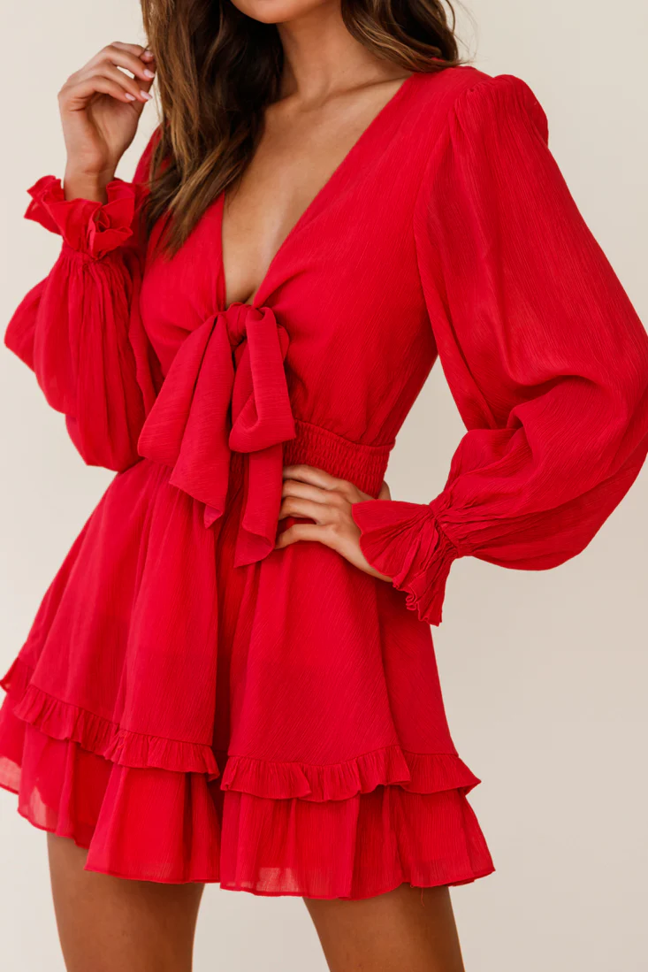 Anthea Bow-Tie Front Layered Frill Dress Red - Image 4