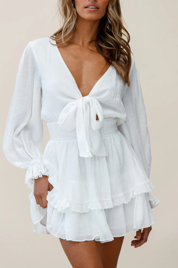 Anthea Bow-Tie Front Layered Frill Dress White - Image 4