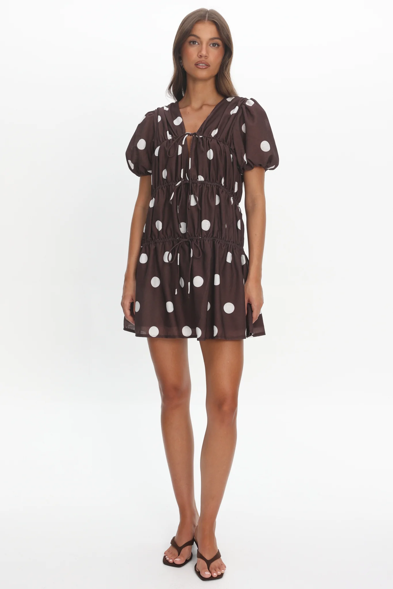 Antibes Tie Front Puff Sleeve Mini Dress Chocolate/White - Image 2