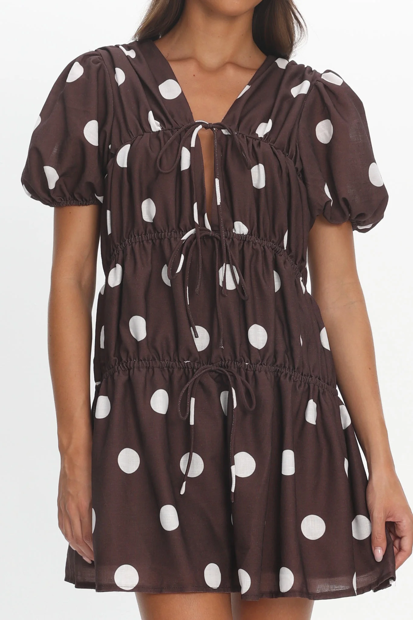 Antibes Tie Front Puff Sleeve Mini Dress Chocolate/White - Image 4
