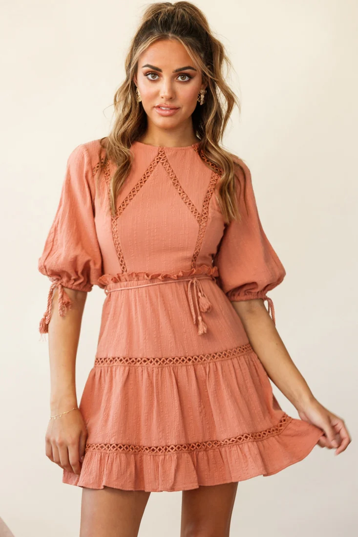 Antonia Half Puff Sleeve Crochet Detail Dress Rose - Image 4