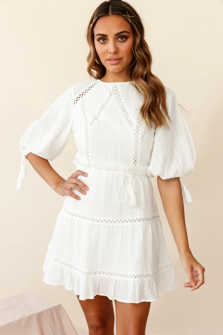 Antonia Half Puff Sleeve Crochet Detail Dress White - Image 2