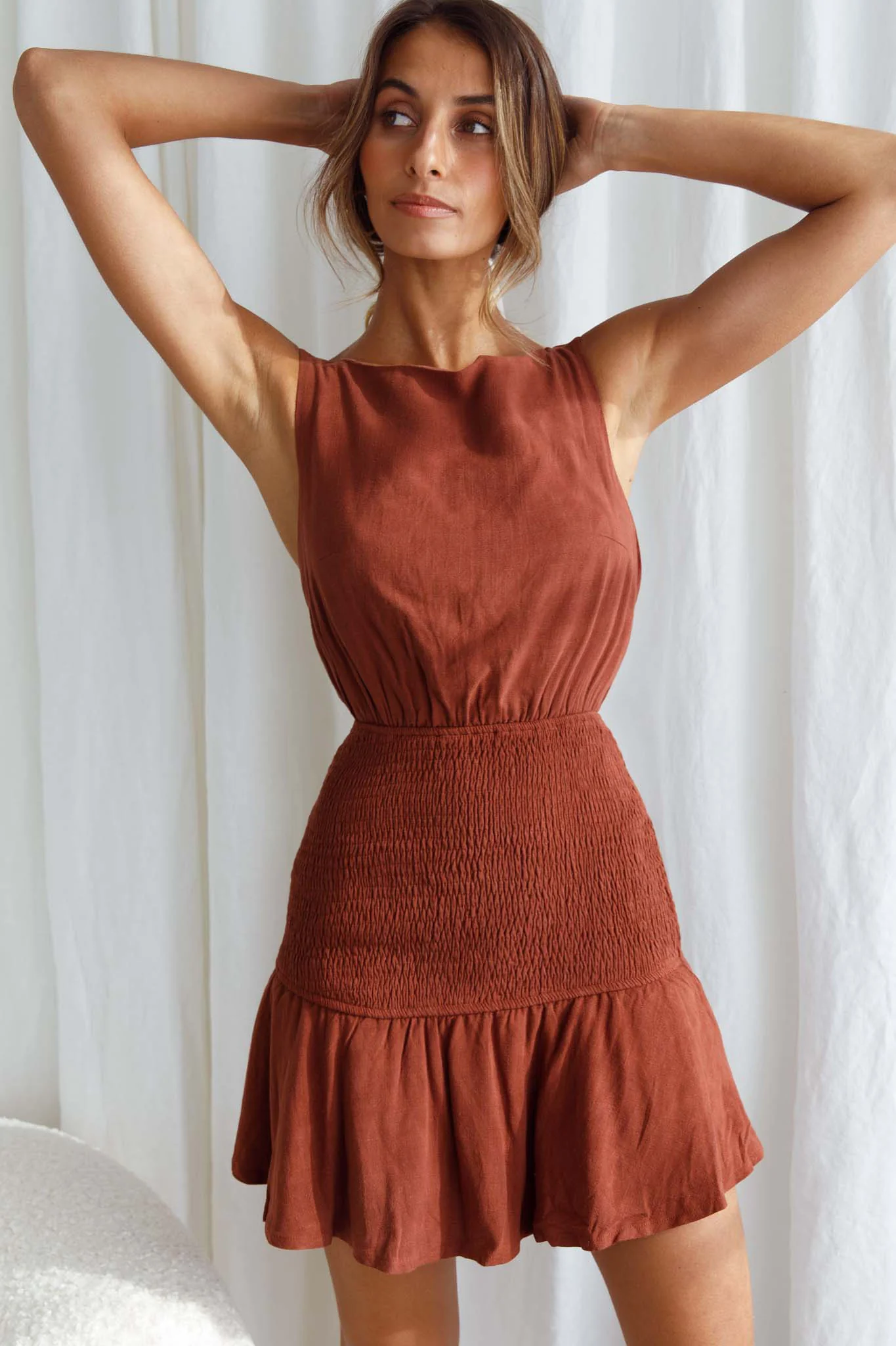 Antonine Elasticated Straps Shirred Waist Mini Dress Cinnamon - Image 7