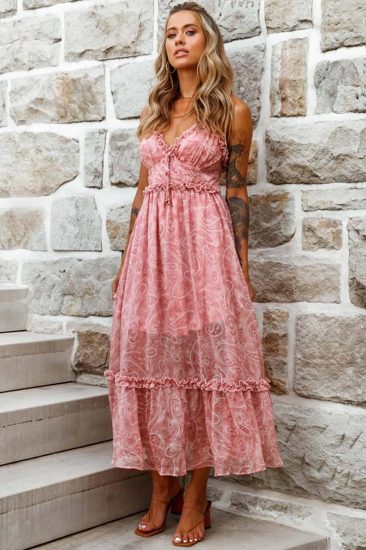 Anyah Frill Detail Tie Back Maxi Dress Paisley Print Pink - Image 3