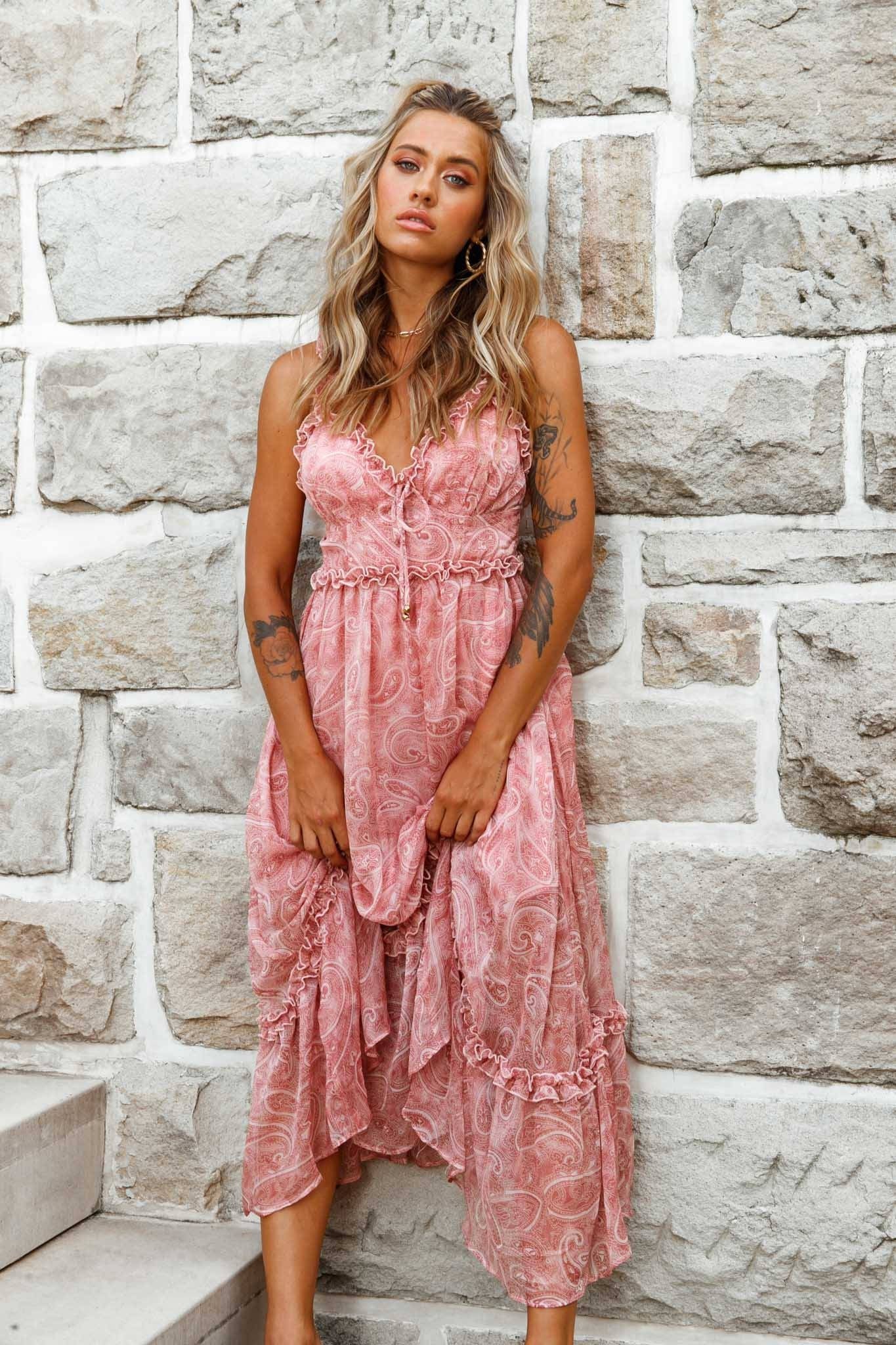 Anyah Frill Detail Tie Back Maxi Dress Paisley Print Pink - Image 5