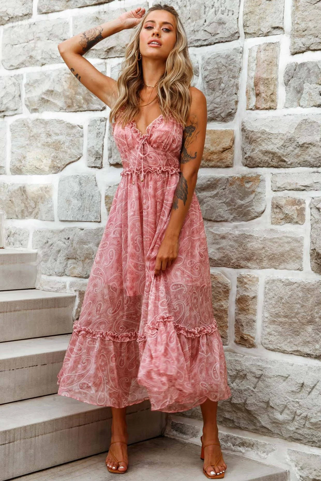 Anyah Frill Detail Tie Back Maxi Dress Paisley Print Pink - Image 7