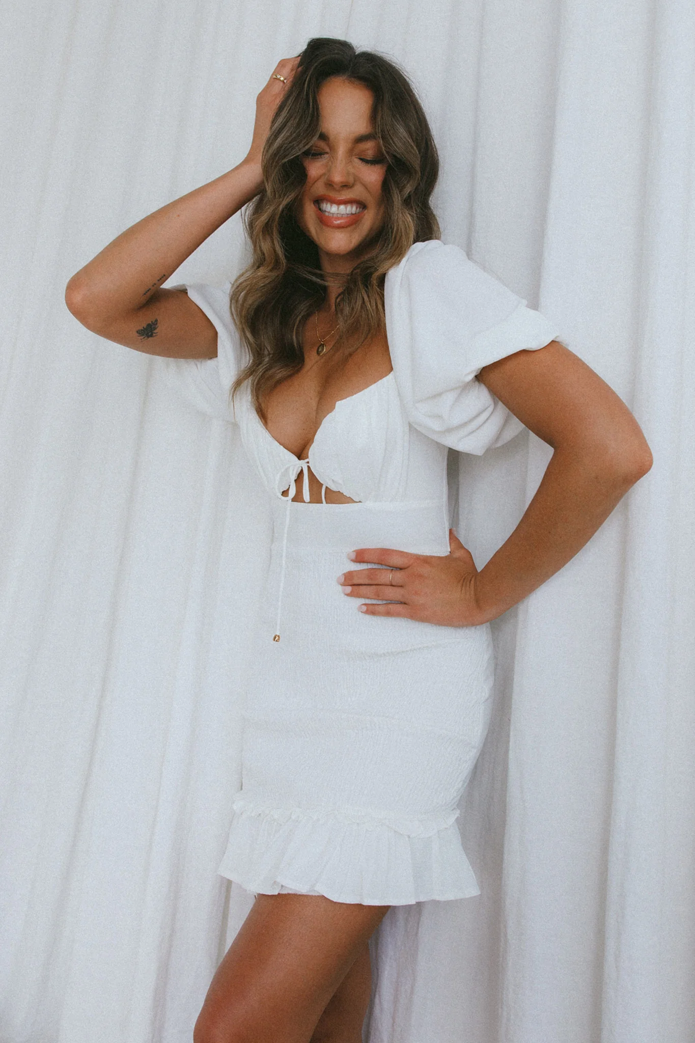 Aperol Spritz Shirred Bodice Puff Sleeve Mini Dress White - Image 5