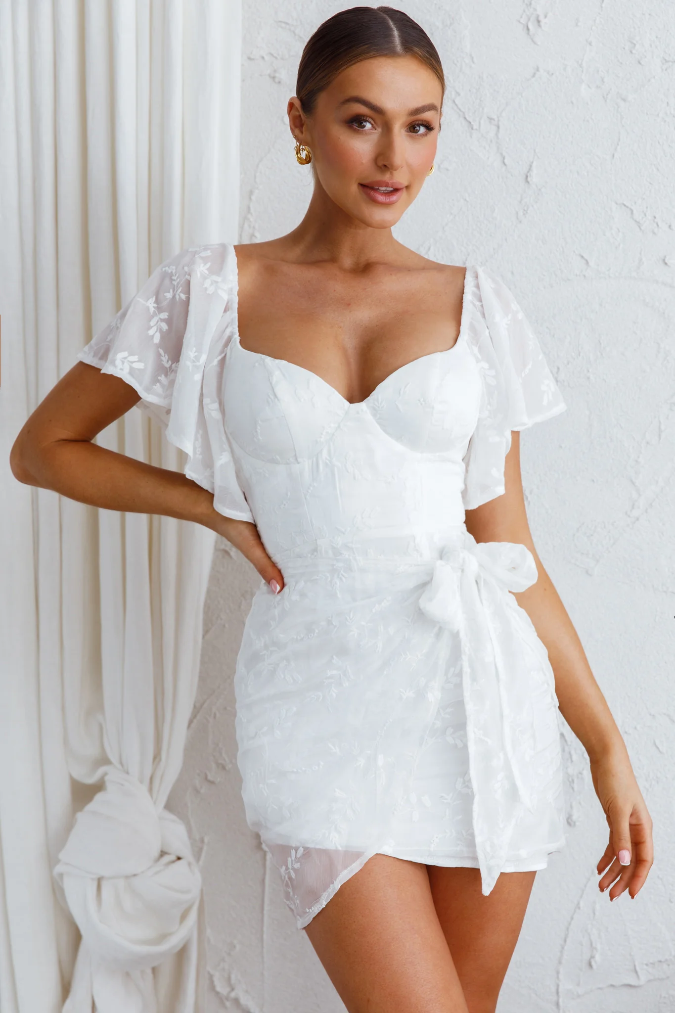 Aphrodite Molded Bust Angel Sleeve Wrap Dress Embroidered White - Image 6