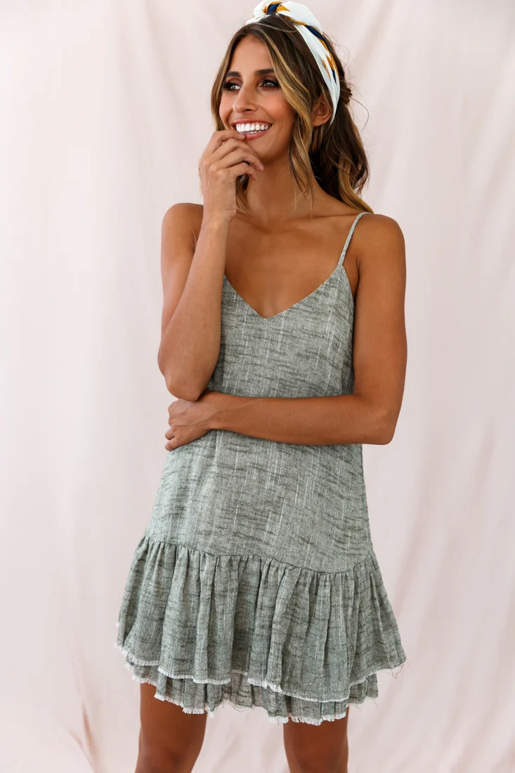 Arabelle Cami Strap Raw Hem Dress Olive - Image 5