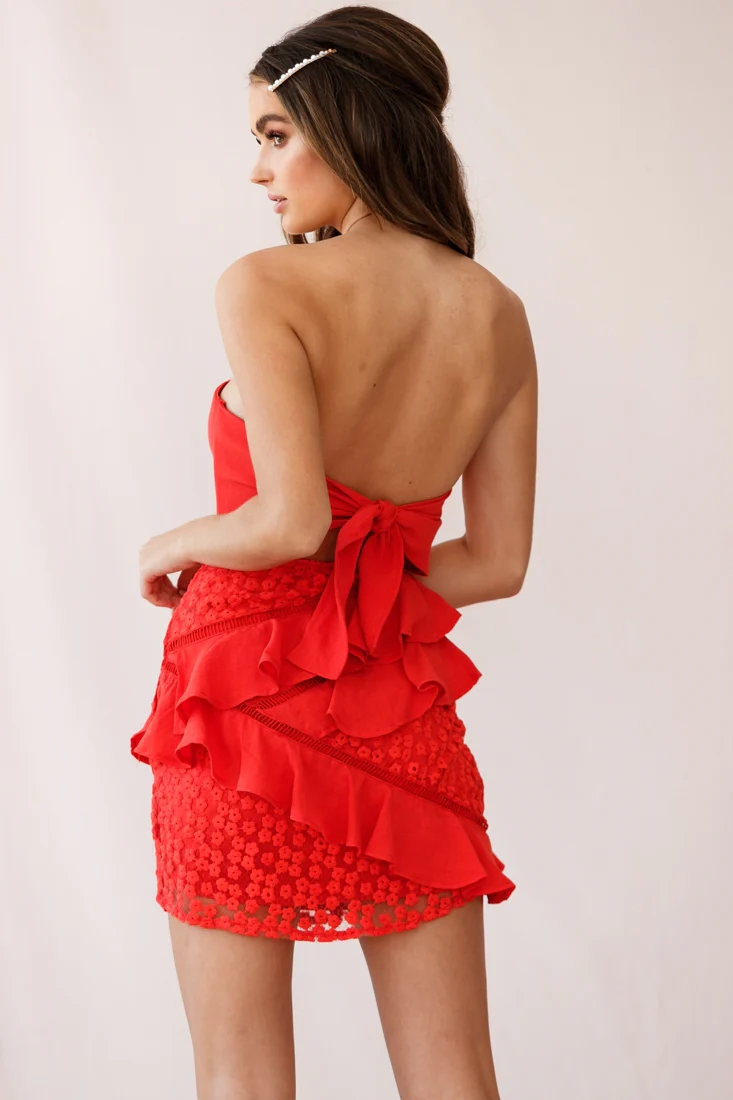 Aramis Strapless Lace & Ruffle Detail Dress Red - Image 3