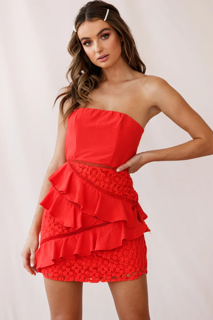 Aramis Strapless Lace & Ruffle Detail Dress Red - Image 6
