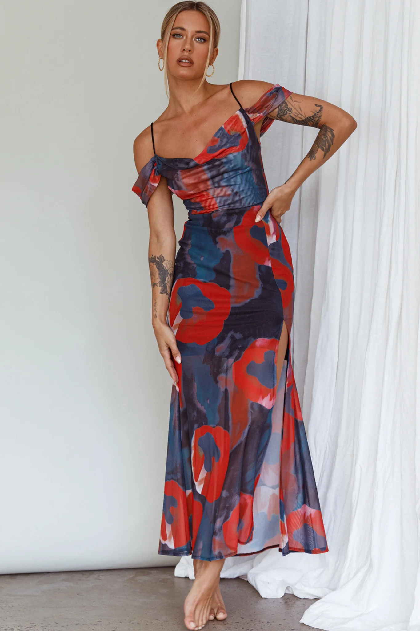 Arcadia Off-Shoulder Sleeve Midi Dress Red - Image 6