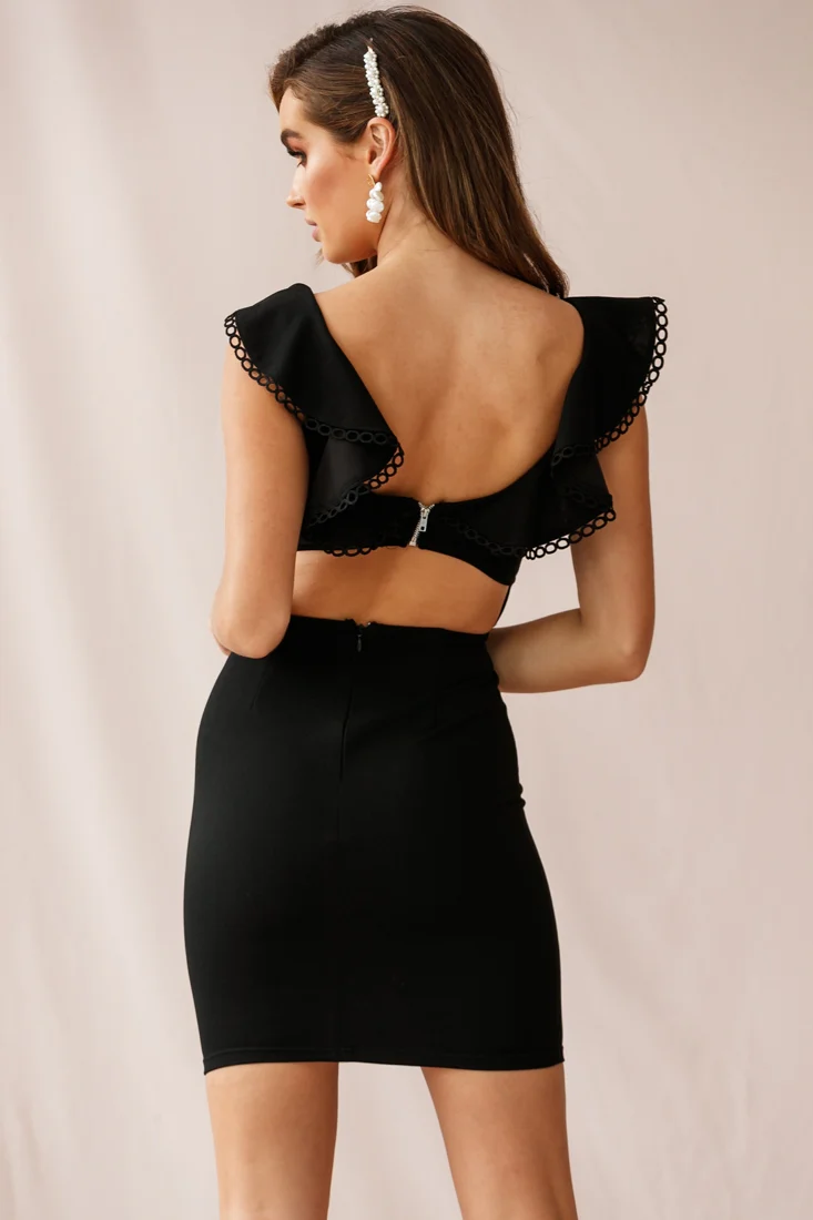 Ari Ruffle Crochet Detail Mini Dress Black - Image 4