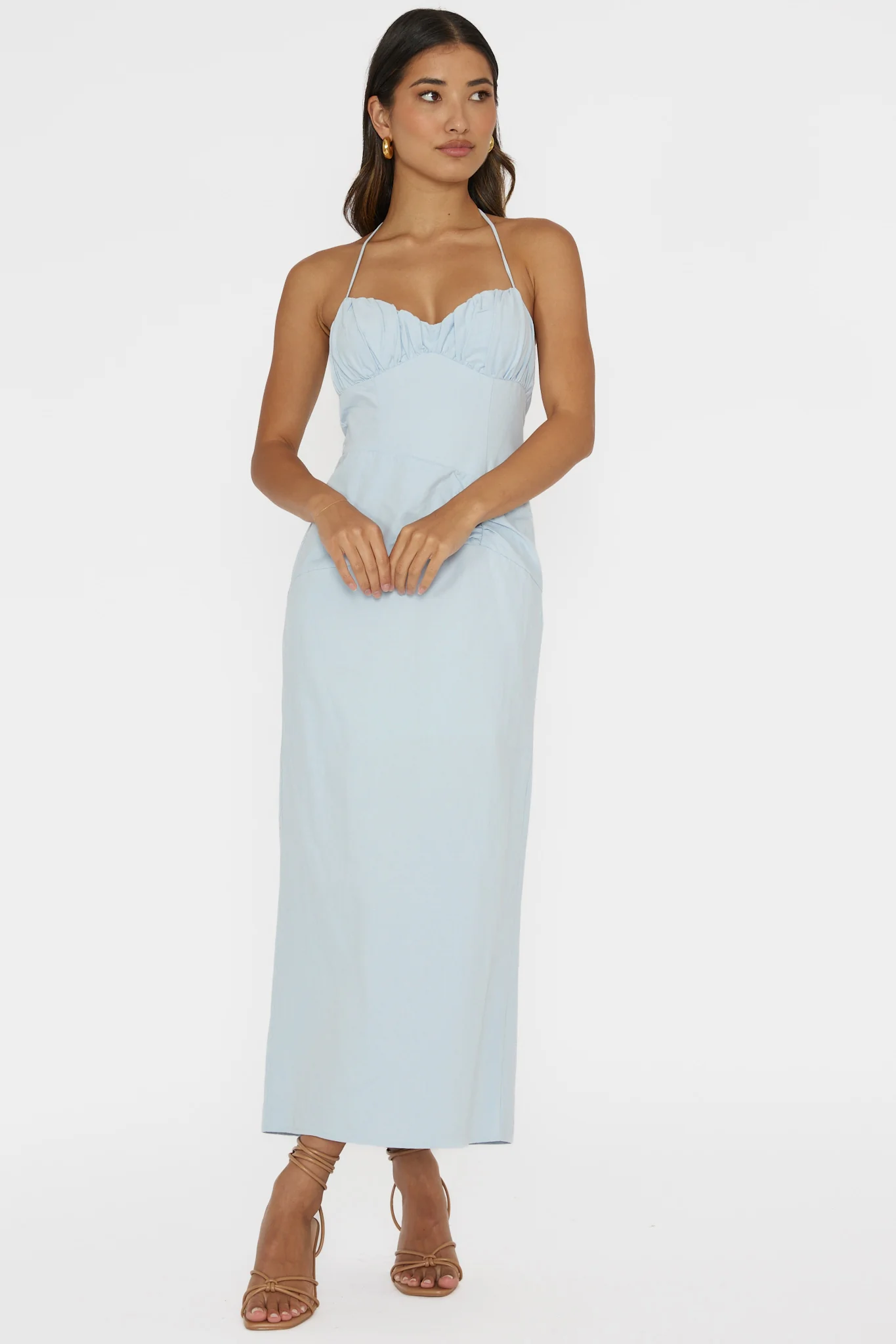 Arielle Gathered Bust Halterneck Midi Dress Pale Blue - Image 5