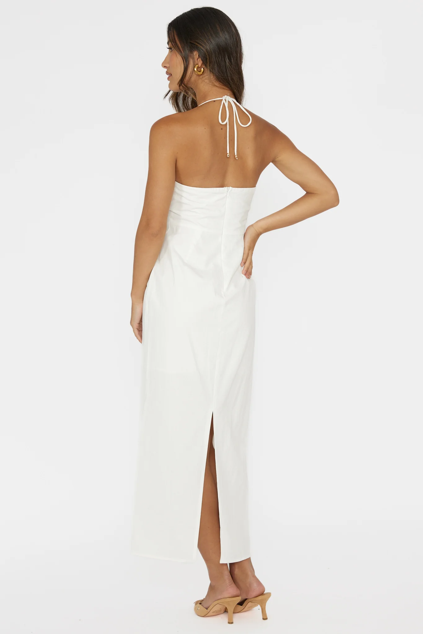 Arielle Gathered Bust Halterneck Midi Dress White - Image 2